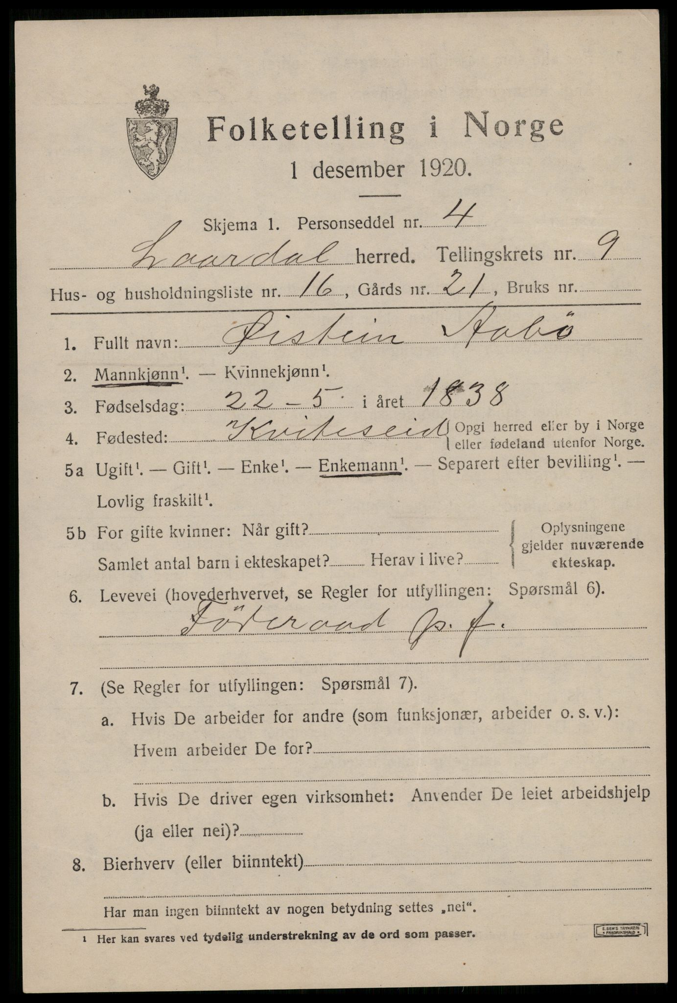 SAKO, 1920 census for Lårdal, 1920, p. 3311