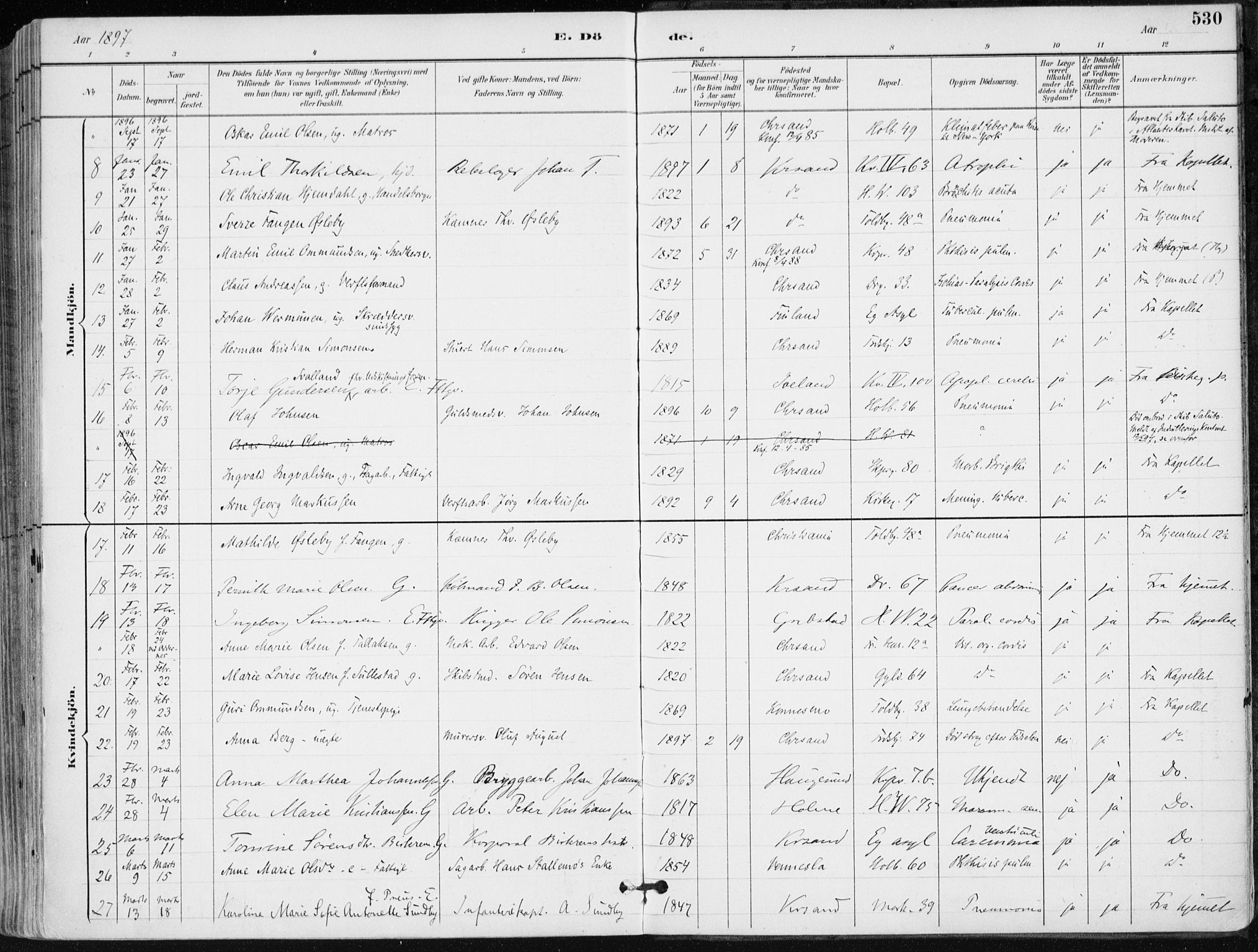 Kristiansand domprosti, AV/SAK-1112-0006/F/Fa/L0019: Parish register (official) no. A 18, 1890-1897, p. 530