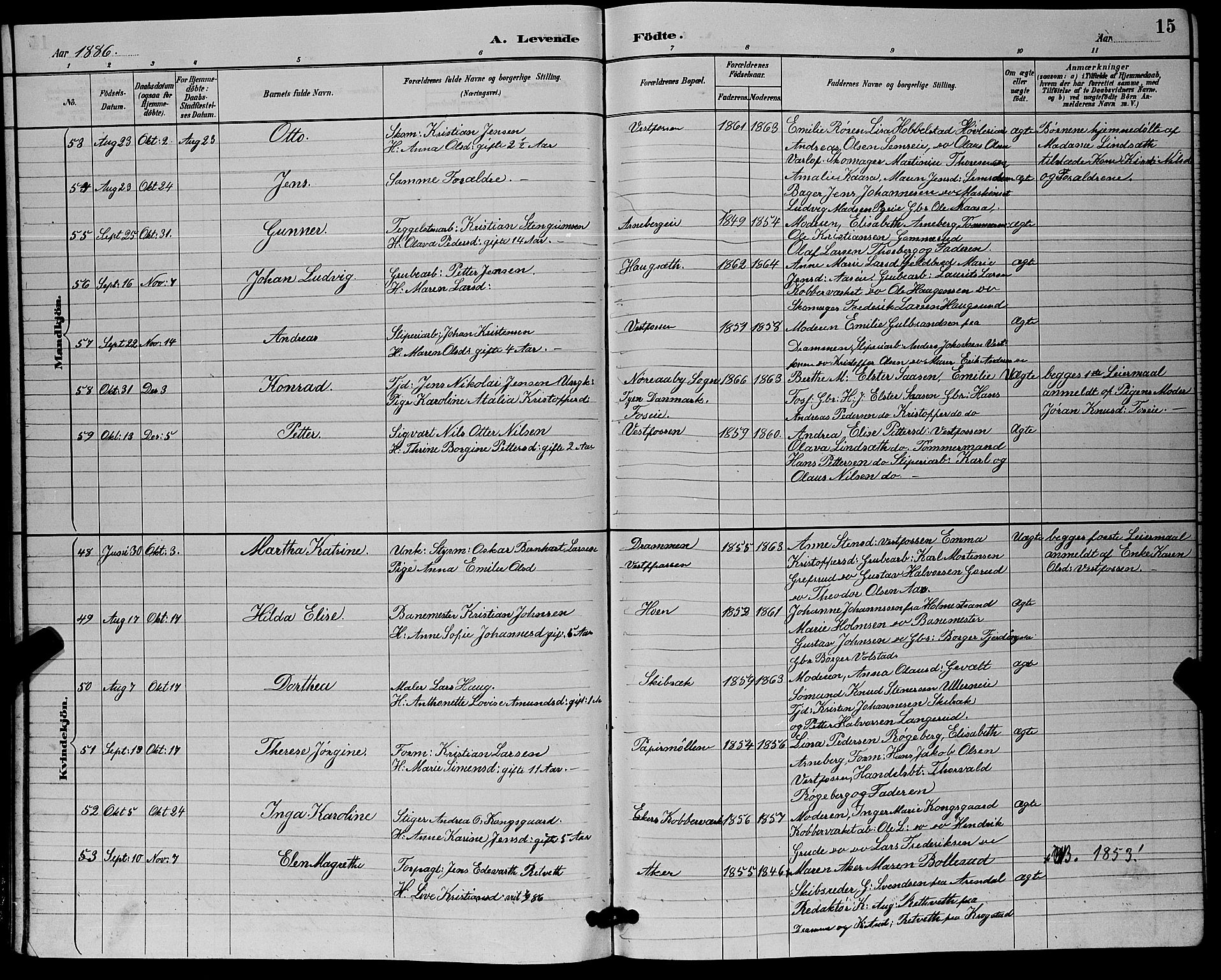 Eiker kirkebøker, SAKO/A-4/G/Ga/L0006: Parish register (copy) no. I 6, 1885-1893, p. 15