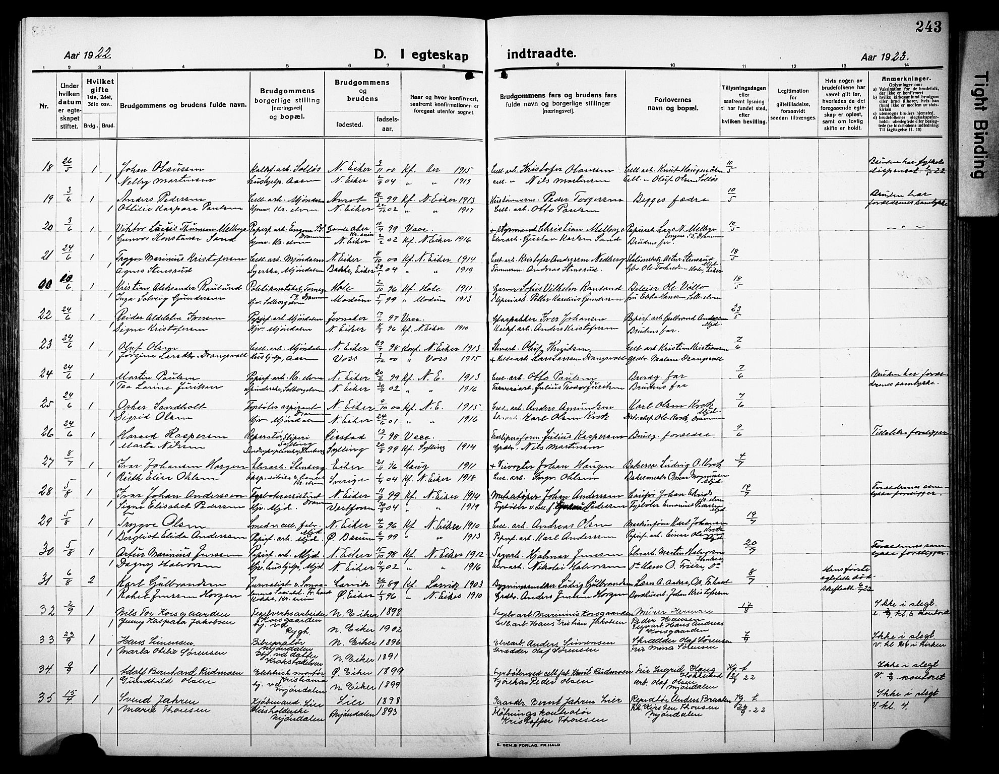 Nedre Eiker kirkebøker, AV/SAKO-A-612/G/Ga/L0006: Parish register (copy) no. 6, 1922-1933, p. 243