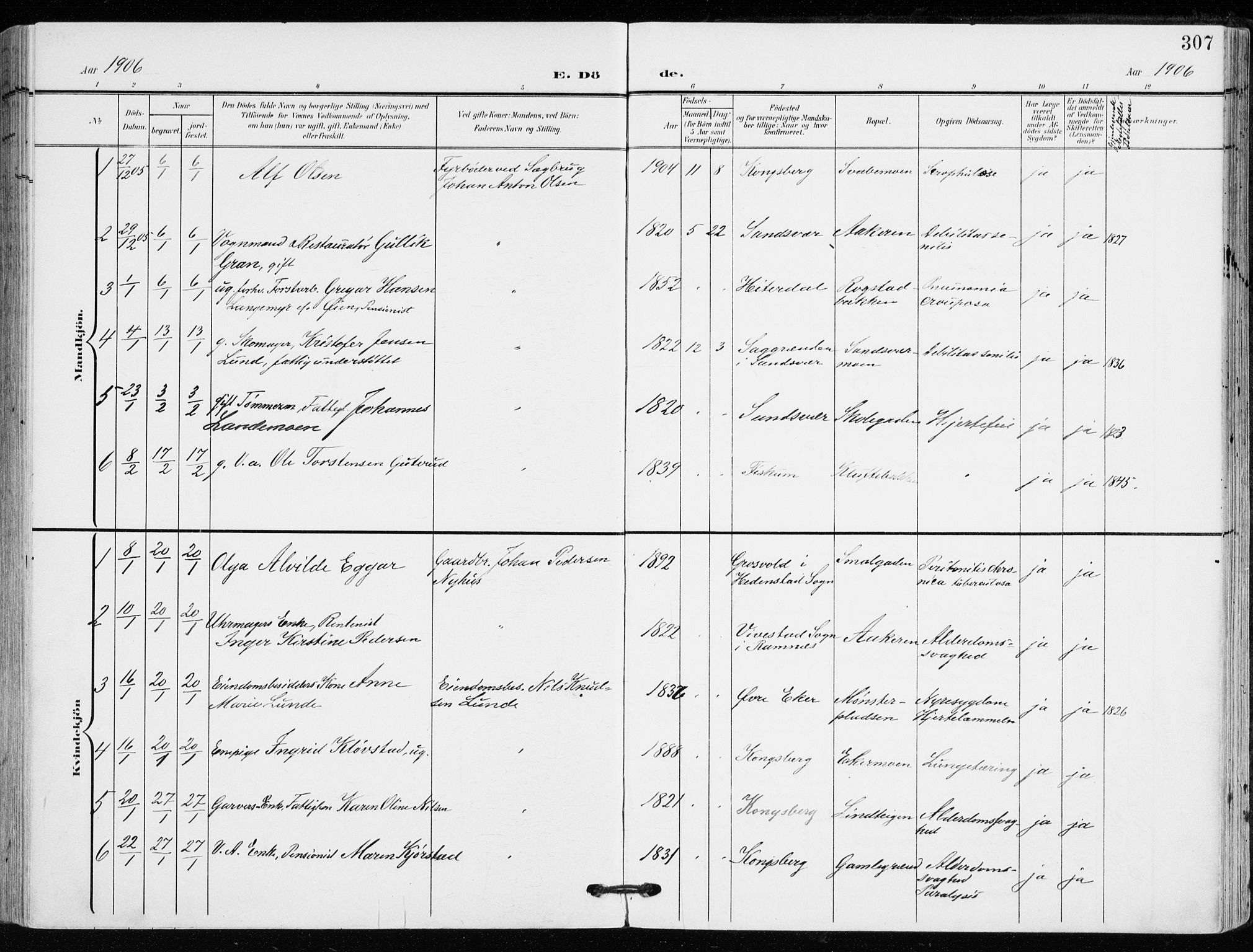 Kongsberg kirkebøker, AV/SAKO-A-22/F/Fb/L0004: Parish register (official) no. II 4, 1906-1918, p. 307