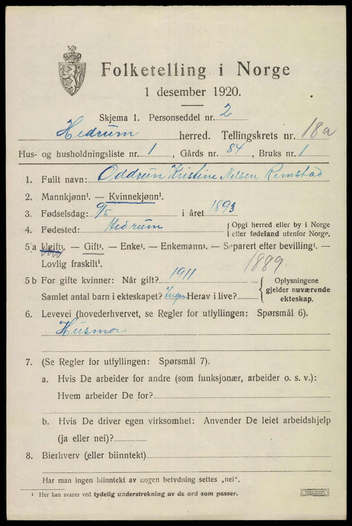 SAKO, 1920 census for Hedrum, 1920, p. 10799