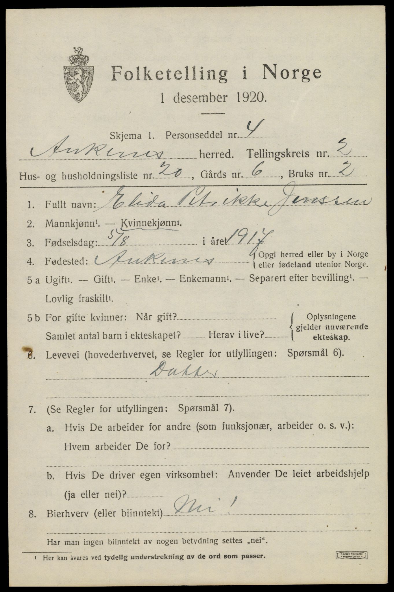 SAT, 1920 census for Ankenes, 1920, p. 1647