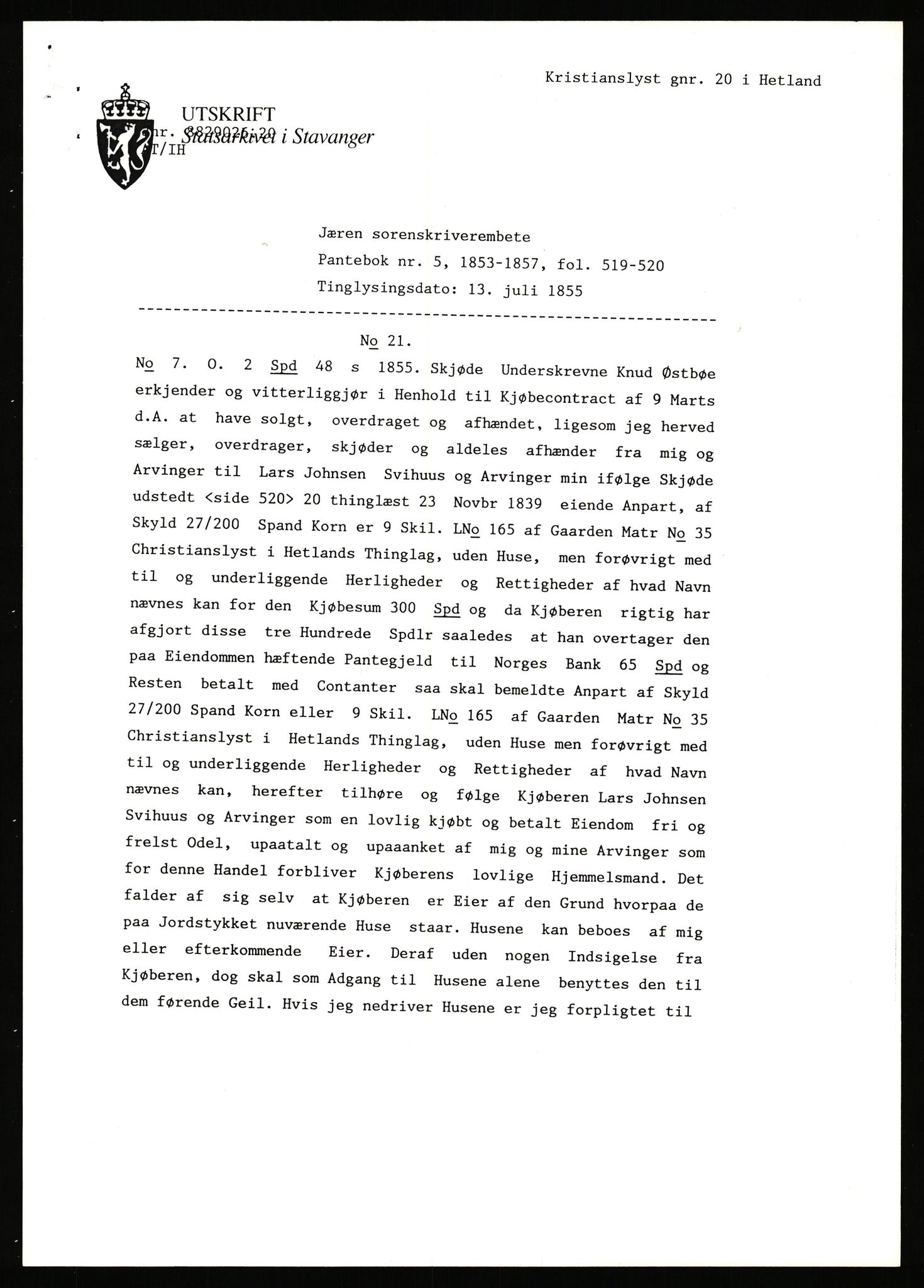 Statsarkivet i Stavanger, AV/SAST-A-101971/03/Y/Yj/L0048: Avskrifter sortert etter gårdsnavn: Kluge - Kristianslyst, 1750-1930, p. 547