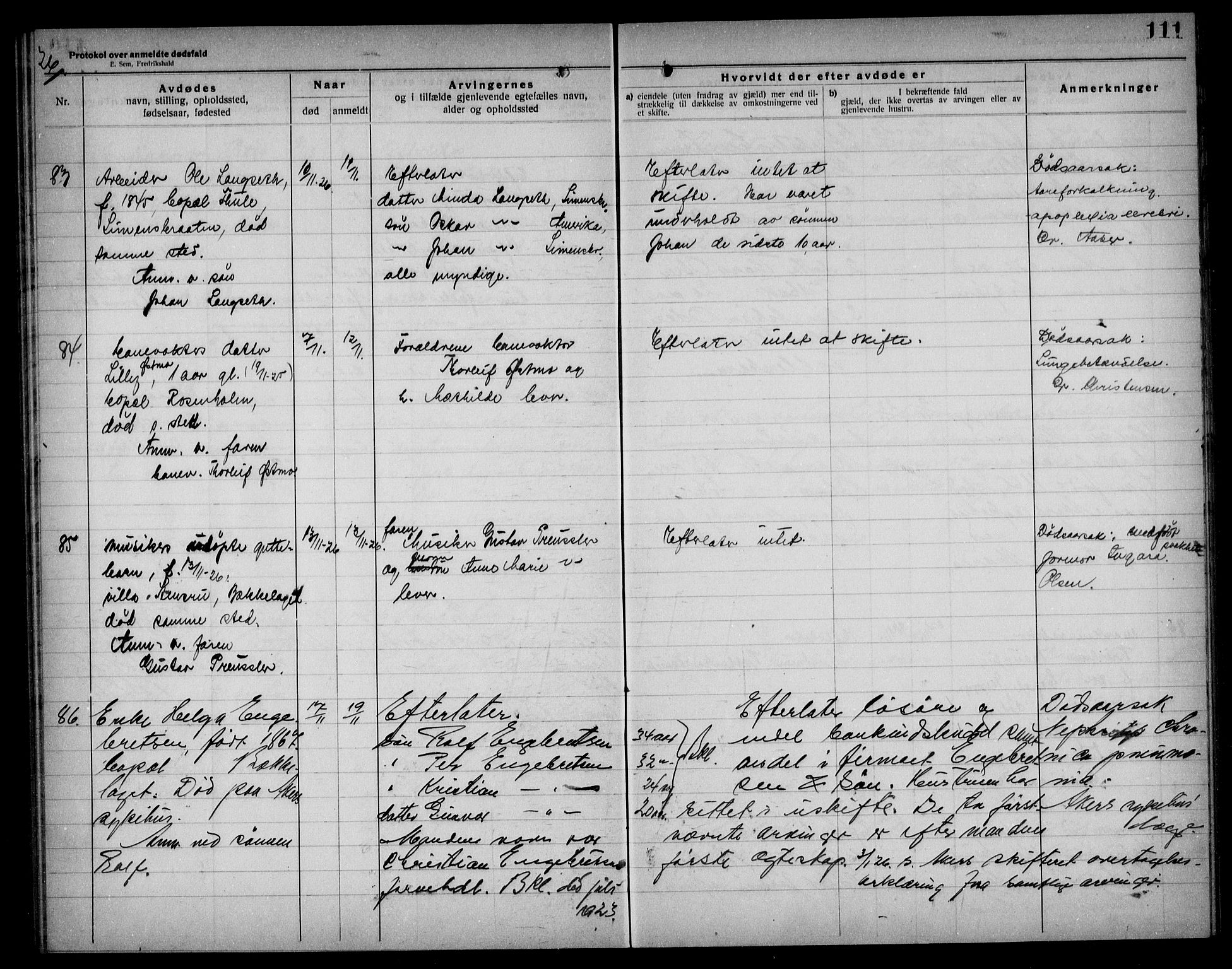 Aker kriminaldommer, skifte- og auksjonsforvalterembete, AV/SAO-A-10452/H/Hb/Hba/Hbad/L0001: Dødsfallsprotokoll for Nordstrand, 1922-1929, p. 111