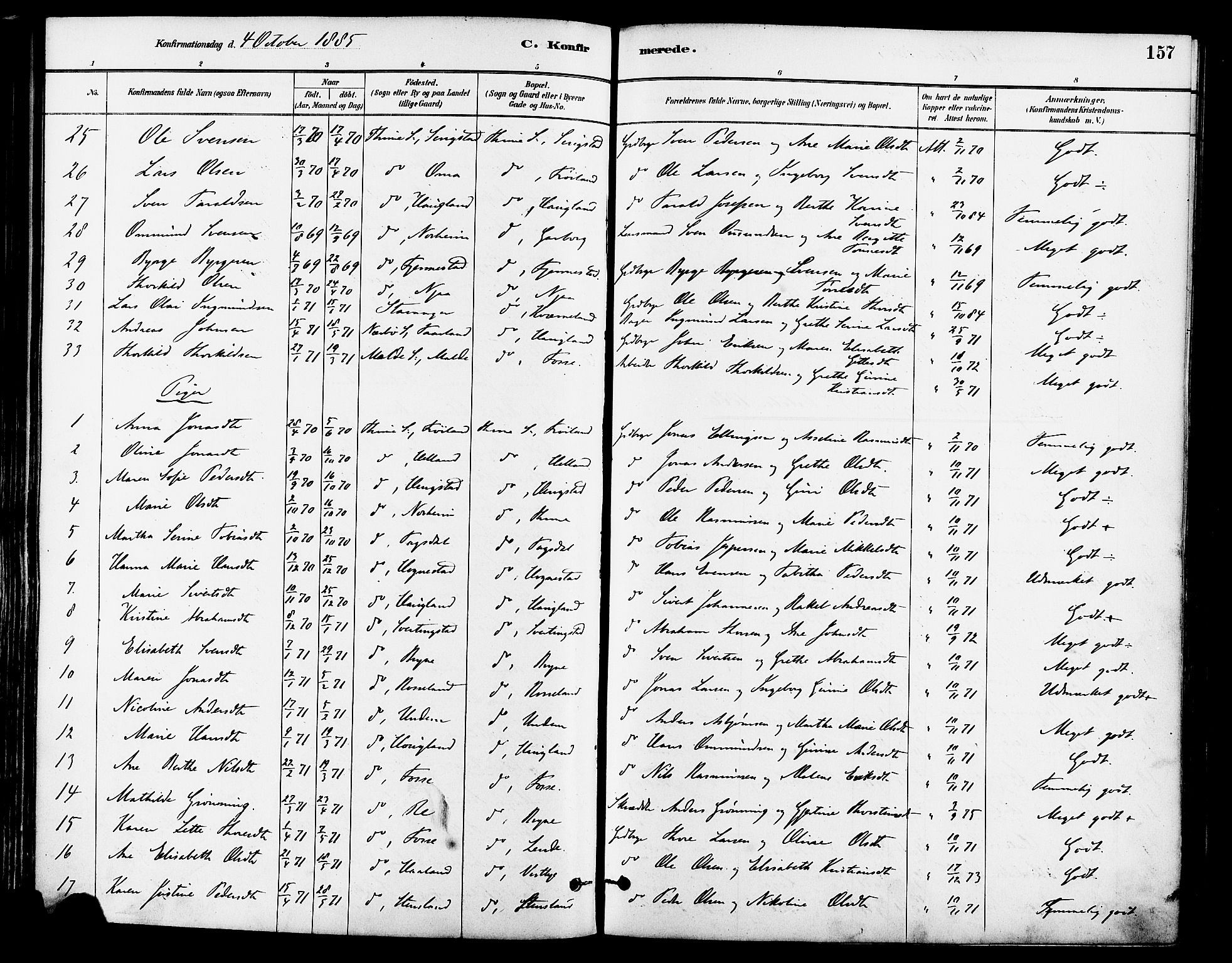 Lye sokneprestkontor, AV/SAST-A-101794/001/30BA/L0009: Parish register (official) no. A 8, 1881-1892, p. 157