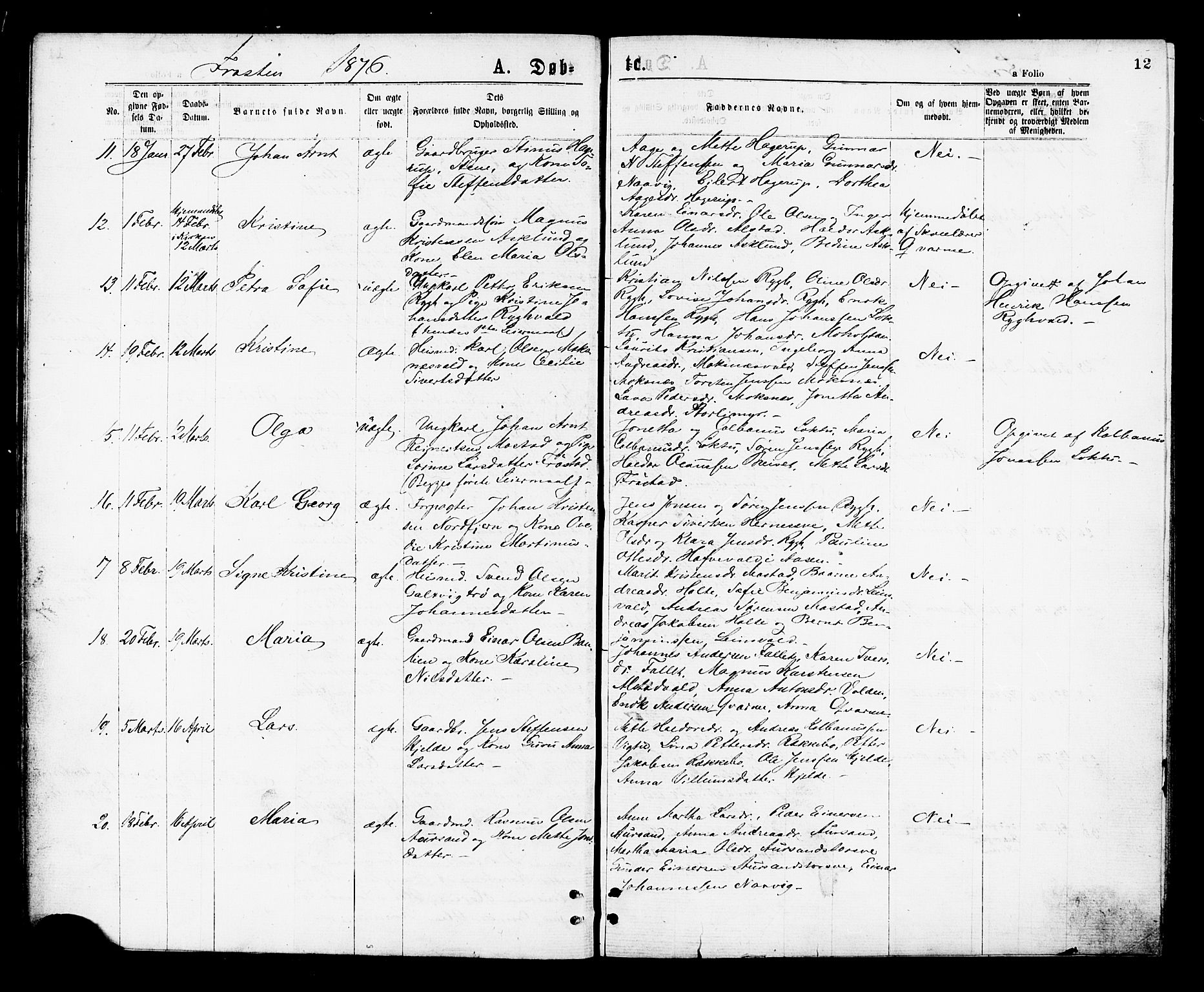 Ministerialprotokoller, klokkerbøker og fødselsregistre - Nord-Trøndelag, SAT/A-1458/713/L0118: Parish register (official) no. 713A08 /1, 1875-1877, p. 12