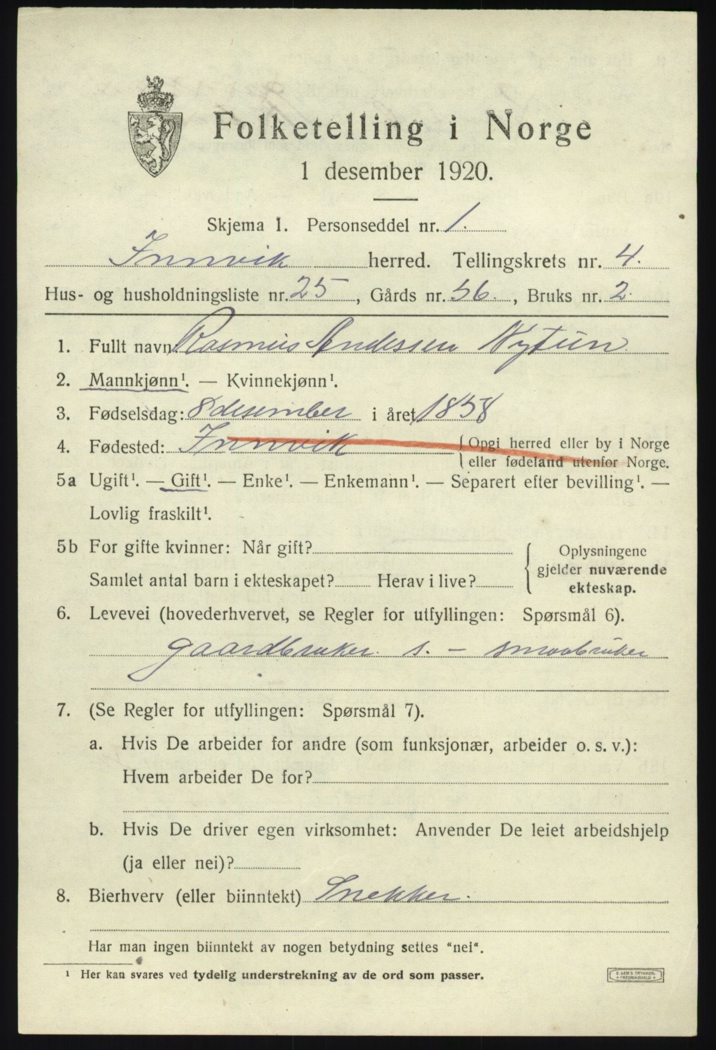 SAB, 1920 census for Innvik, 1920, p. 2519