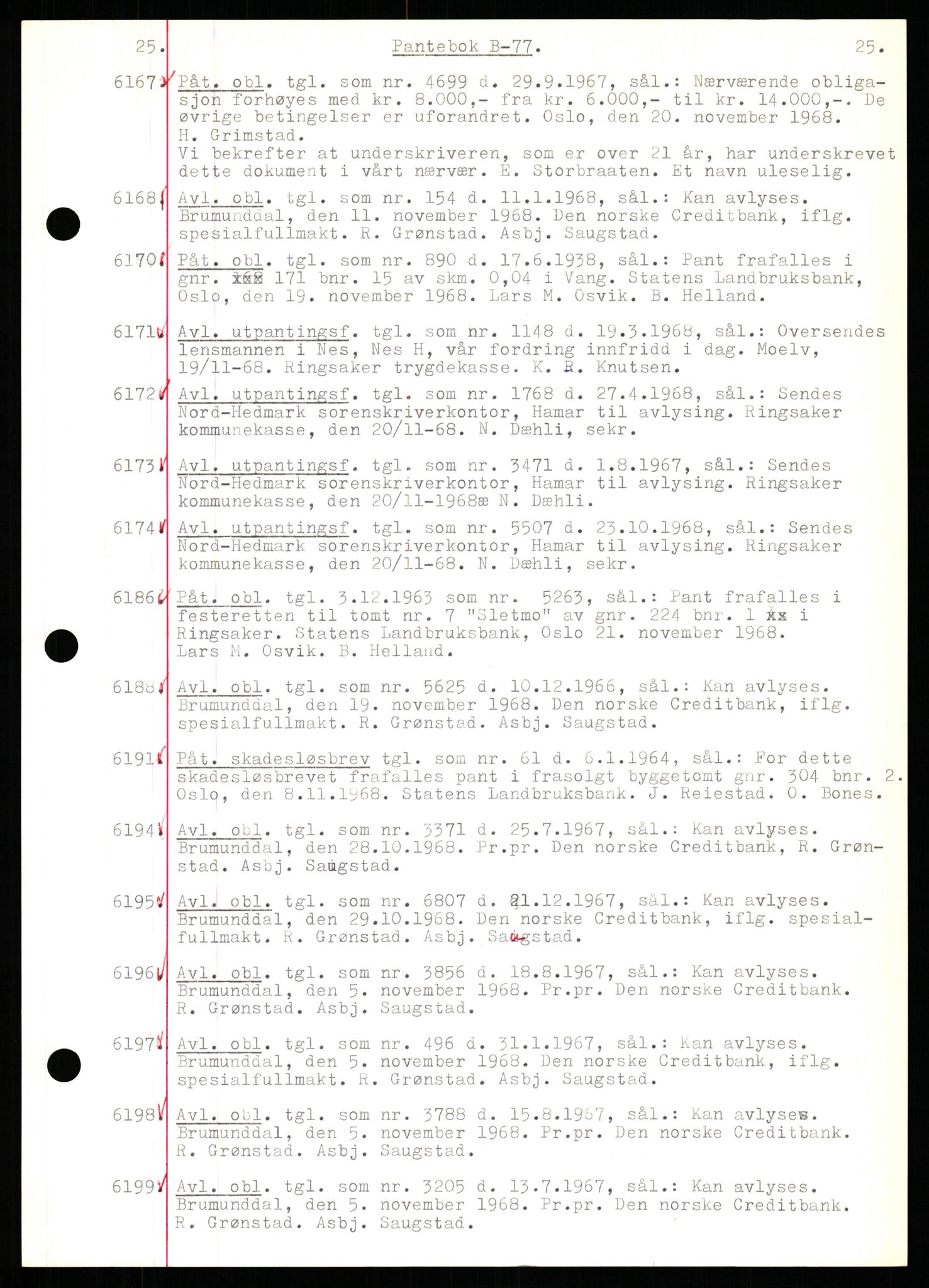 Nord-Hedmark sorenskriveri, SAH/TING-012/H/Hb/Hbf/L0077: Mortgage book no. B77, 1968-1969, Diary no: : 6167/1968