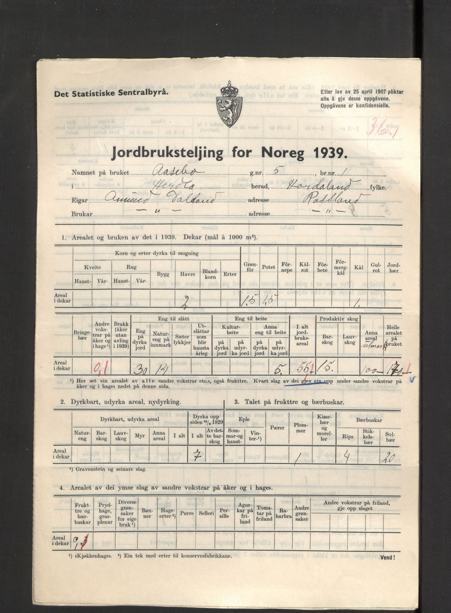 Statistisk sentralbyrå, Næringsøkonomiske emner, Jordbruk, skogbruk, jakt, fiske og fangst, AV/RA-S-2234/G/Gb/L0211: Hordaland: Herdla, Hjelme og Manger, 1939, p. 1097