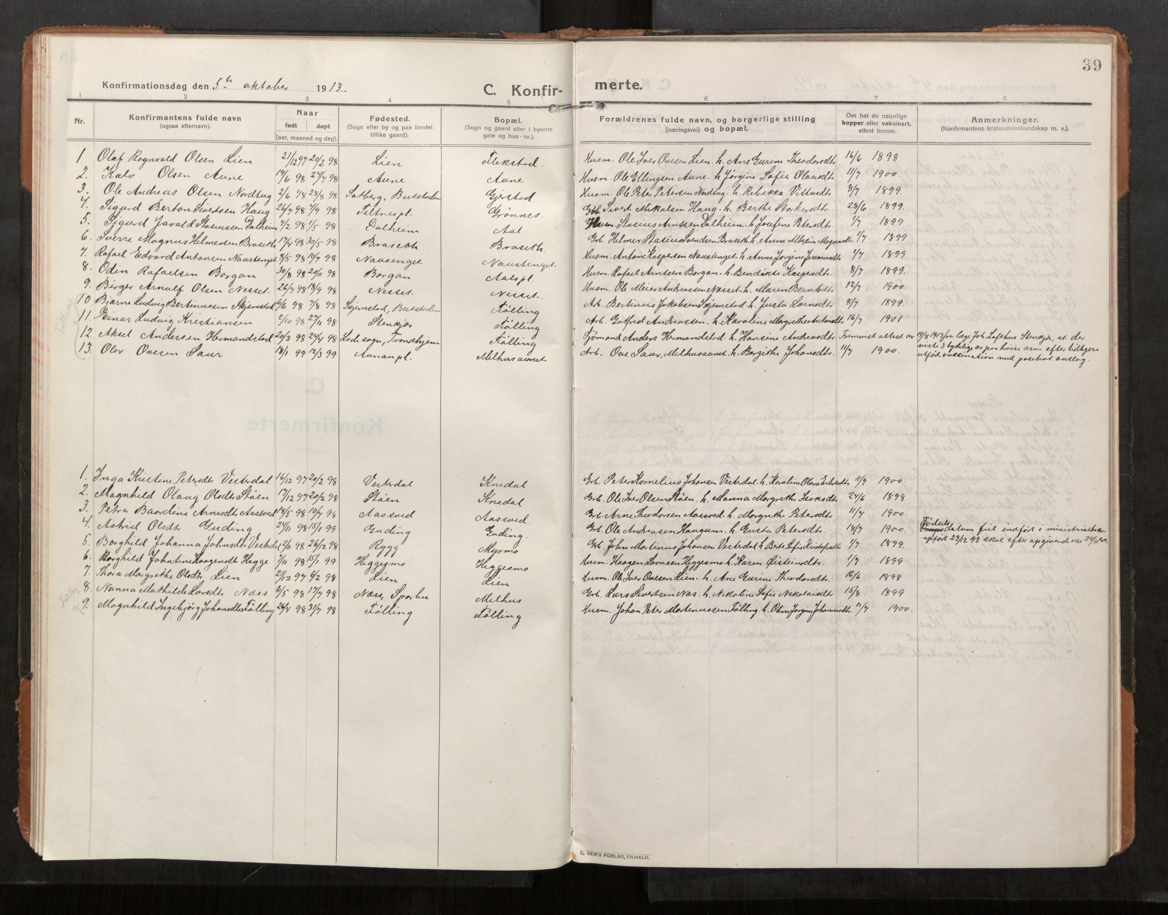 Stod sokneprestkontor, SAT/A-1164/1/I/I1/I1a/L0004: Parish register (official) no. 4, 1913-1933, p. 39