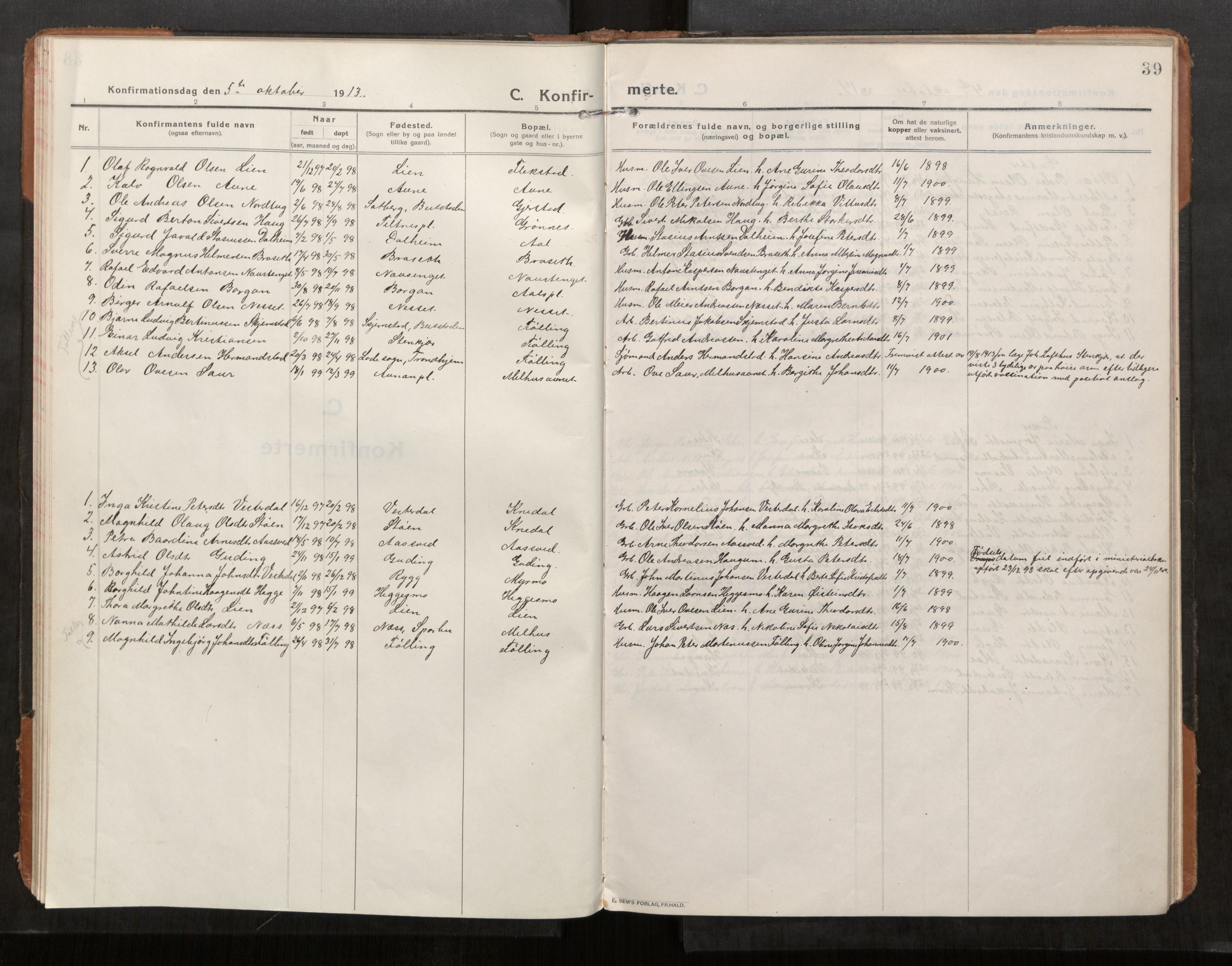 Stod sokneprestkontor, AV/SAT-A-1164/1/I/I1/I1a/L0004: Parish register (official) no. 4, 1913-1933, p. 39