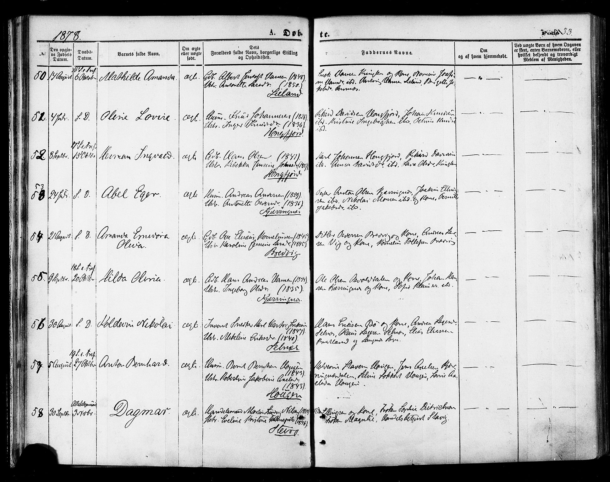 Ministerialprotokoller, klokkerbøker og fødselsregistre - Nordland, SAT/A-1459/895/L1370: Parish register (official) no. 895A05, 1873-1884, p. 33