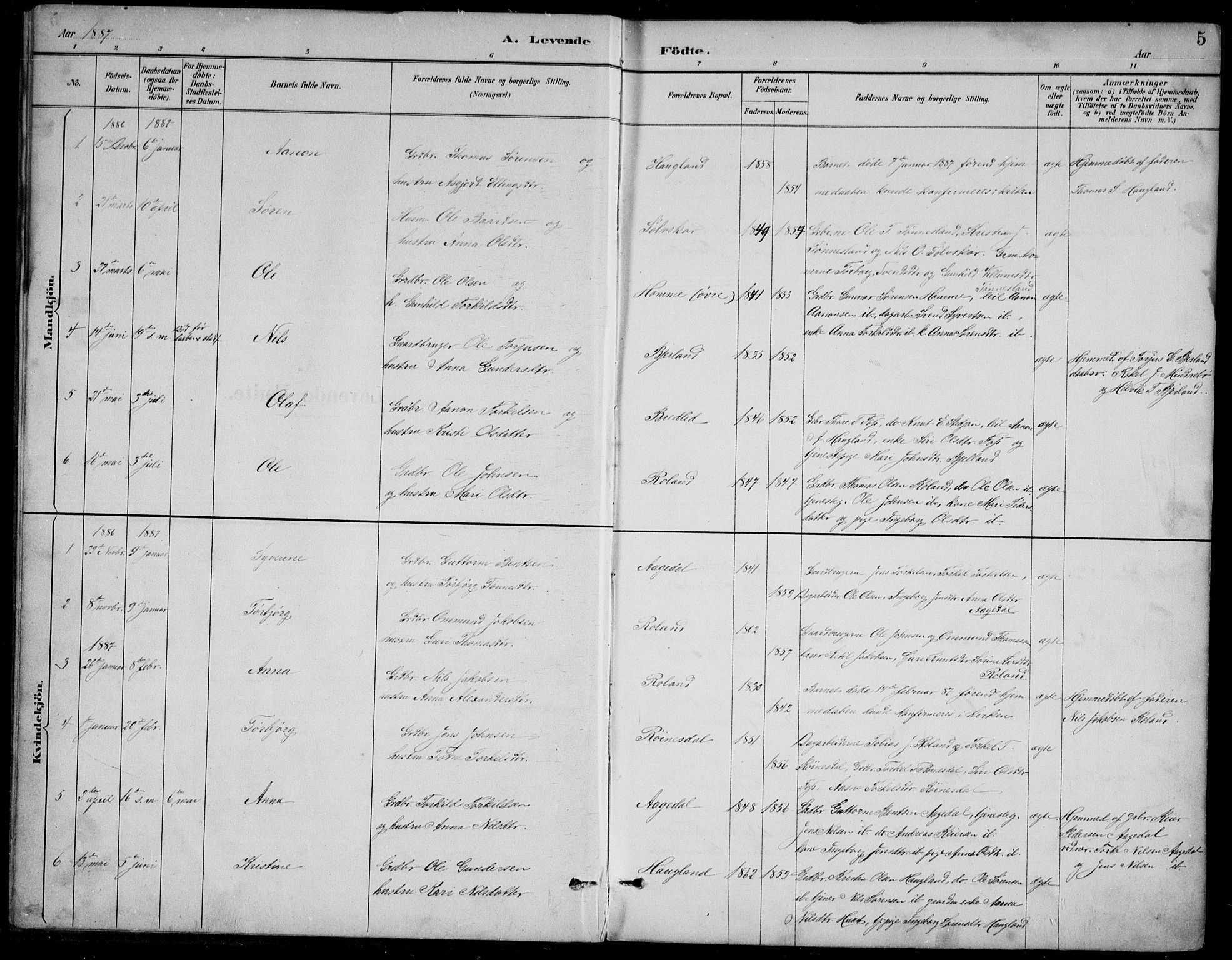 Bjelland sokneprestkontor, SAK/1111-0005/F/Fb/Fba/L0005: Parish register (copy) no. B 5, 1887-1923, p. 5