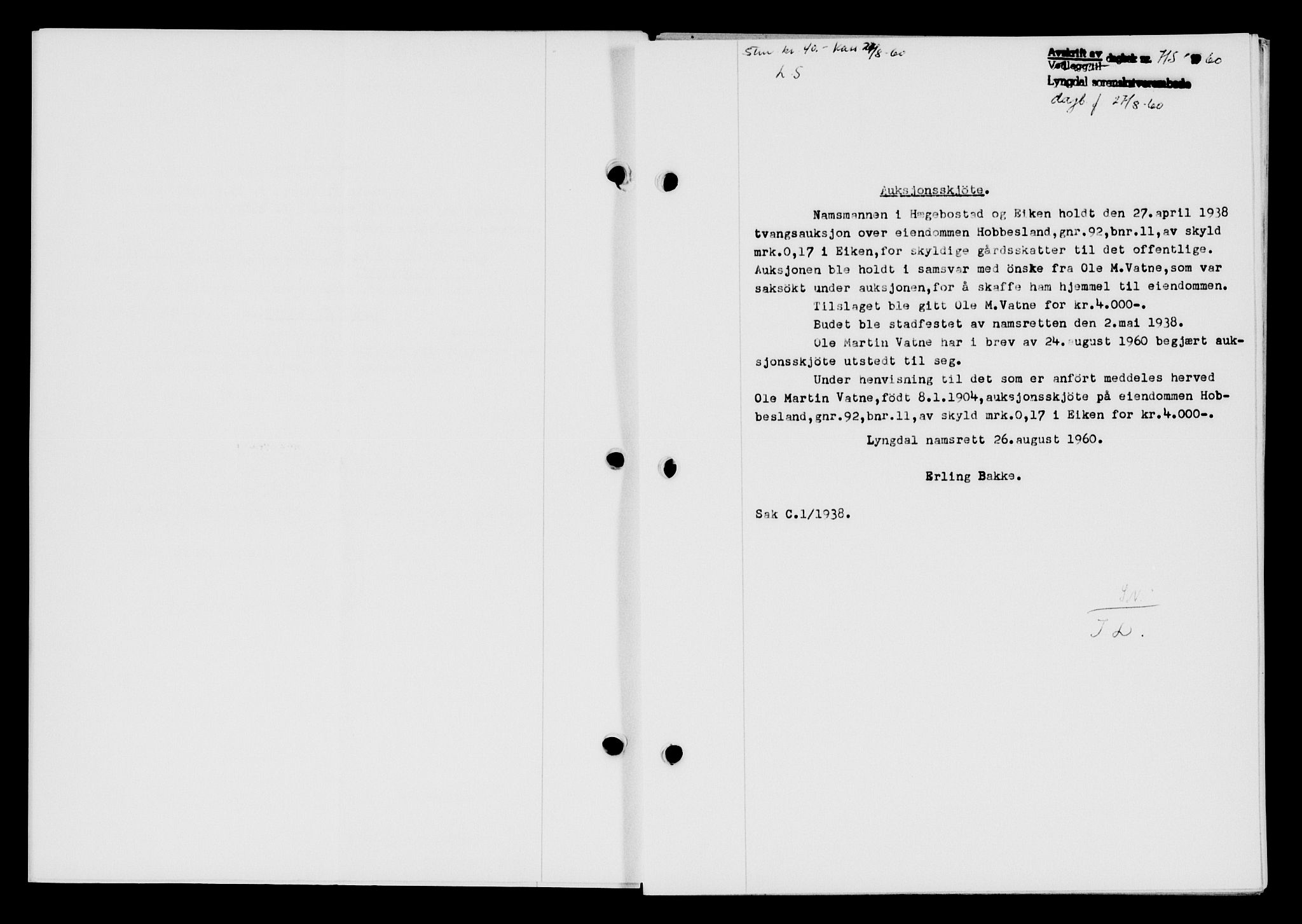 Lyngdal sorenskriveri, AV/SAK-1221-0004/G/Gb/L0680: Mortgage book no. A XXVI, 1960-1960, Diary no: : 715/1960