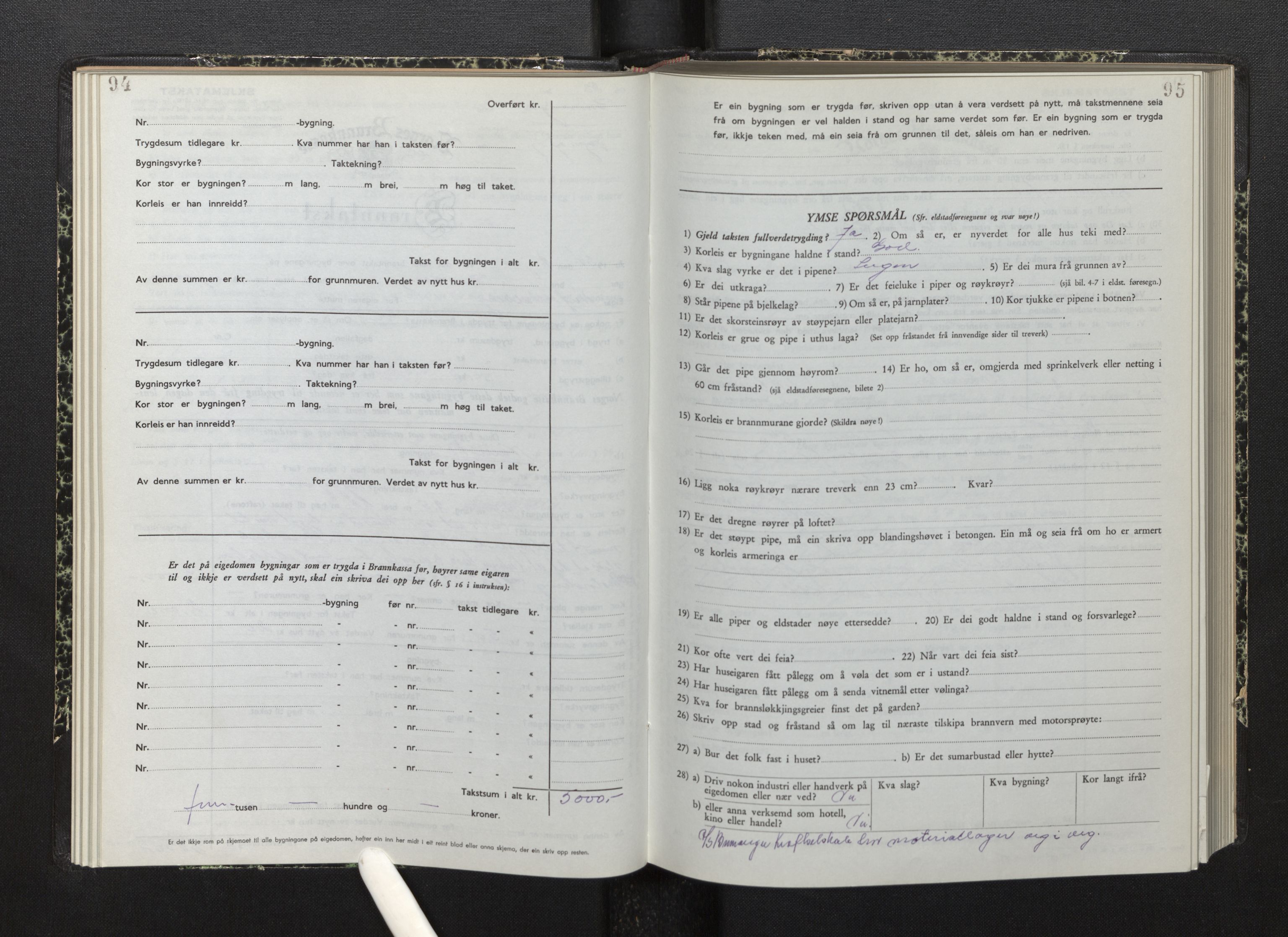 Lensmannen i Bremanger, SAB/A-26701/0012/L0010: Branntakstprotokoll, skjematakst, 1950-1955, p. 94-95