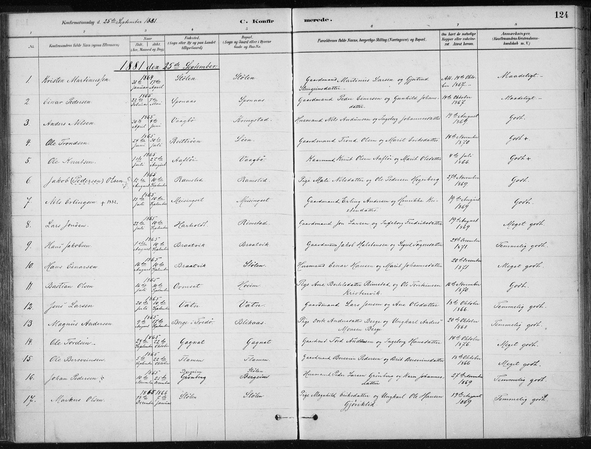 Ministerialprotokoller, klokkerbøker og fødselsregistre - Møre og Romsdal, SAT/A-1454/586/L0987: Parish register (official) no. 586A13, 1879-1892, p. 124