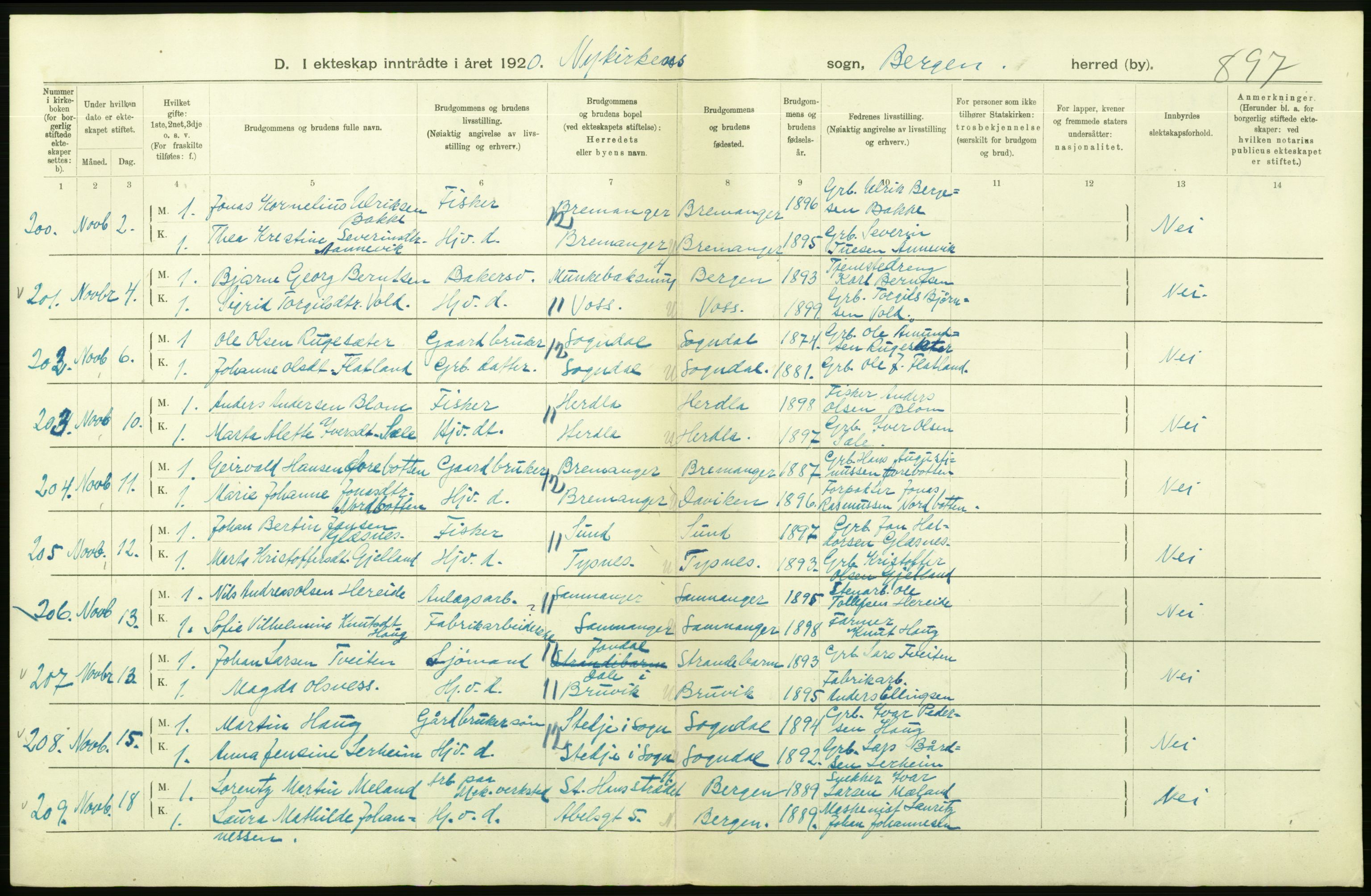 Statistisk sentralbyrå, Sosiodemografiske emner, Befolkning, AV/RA-S-2228/D/Df/Dfb/Dfbj/L0042: Bergen: Gifte, døde, dødfødte., 1920, p. 110