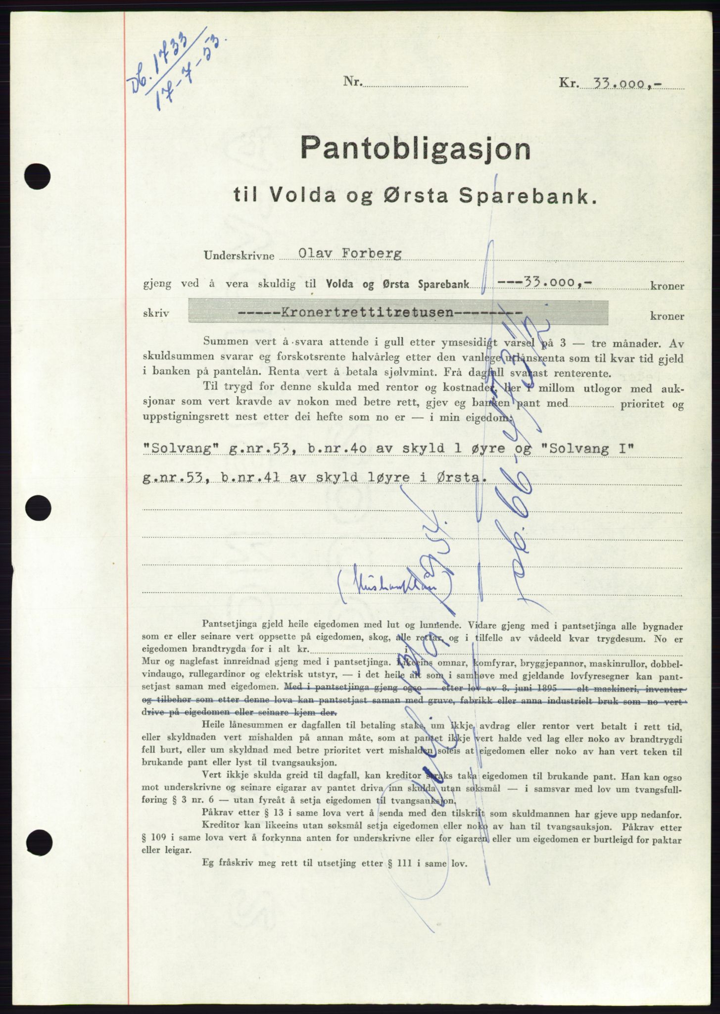 Søre Sunnmøre sorenskriveri, SAT/A-4122/1/2/2C/L0123: Mortgage book no. 11B, 1953-1953, Diary no: : 1733/1953