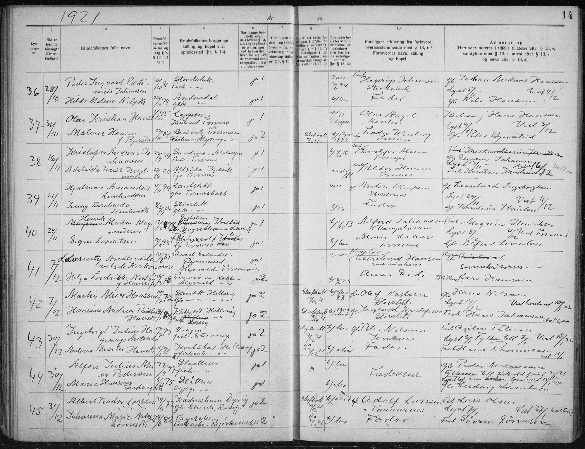 Tromsøysund sokneprestkontor, AV/SATØ-S-1304/H/Hc/L0059: Banns register no. 59, 1919-1937, p. 14