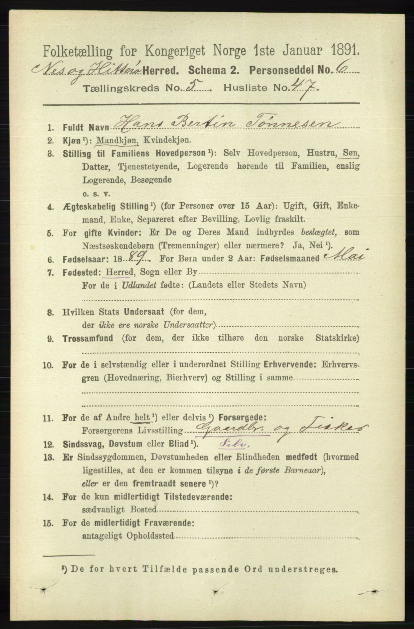 RA, 1891 census for 1043 Hidra og Nes, 1891, p. 2085