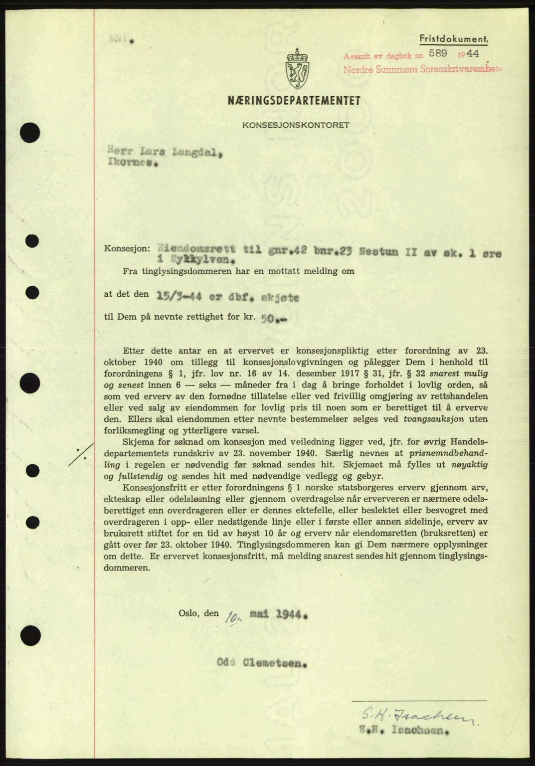 Nordre Sunnmøre sorenskriveri, SAT/A-0006/1/2/2C/2Ca: Mortgage book no. B6-14 a, 1942-1945, Diary no: : 589/1944