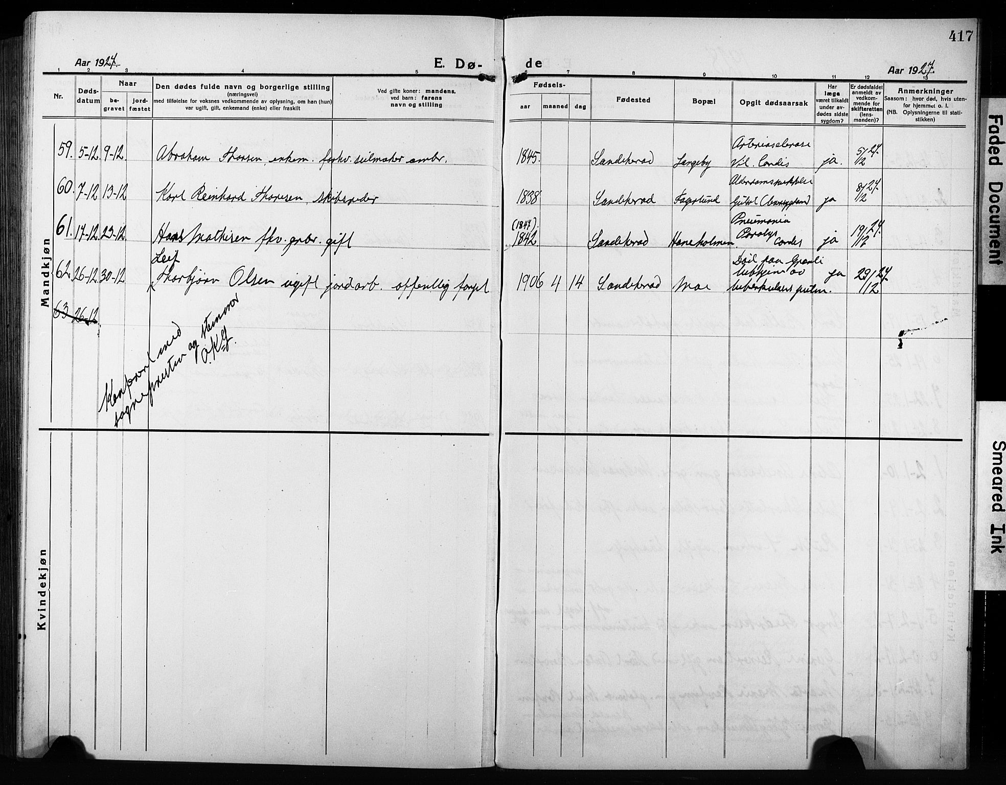 Sandar kirkebøker, AV/SAKO-A-243/G/Ga/L0004: Parish register (copy) no. 4, 1922-1932, p. 417