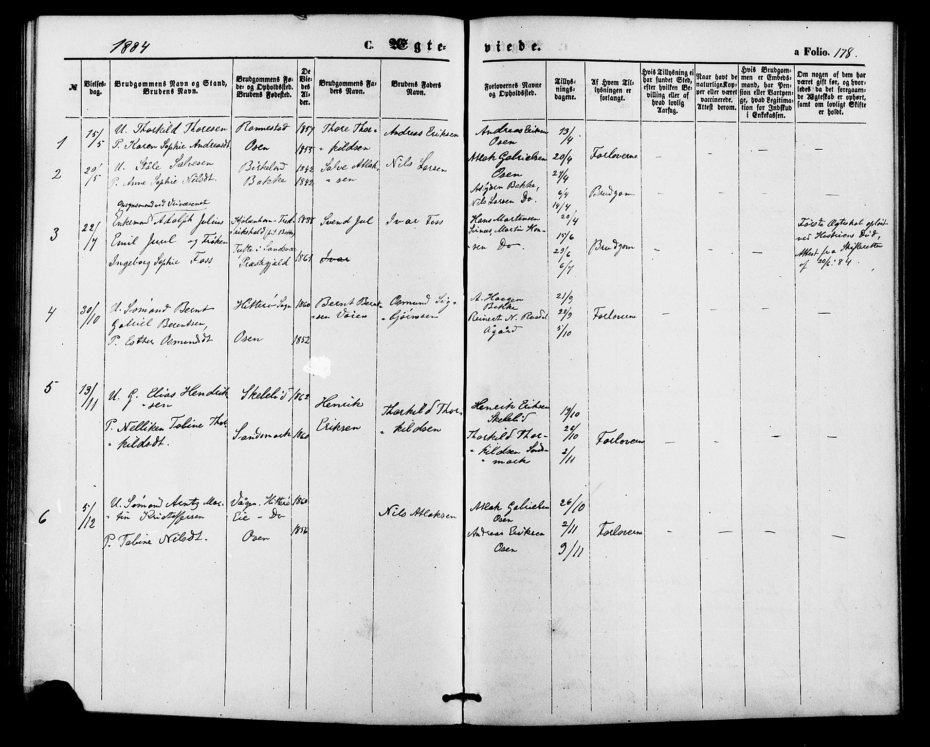 Bakke sokneprestkontor, SAK/1111-0002/F/Fa/Faa/L0007: Parish register (official) no. A 7, 1877-1886, p. 178