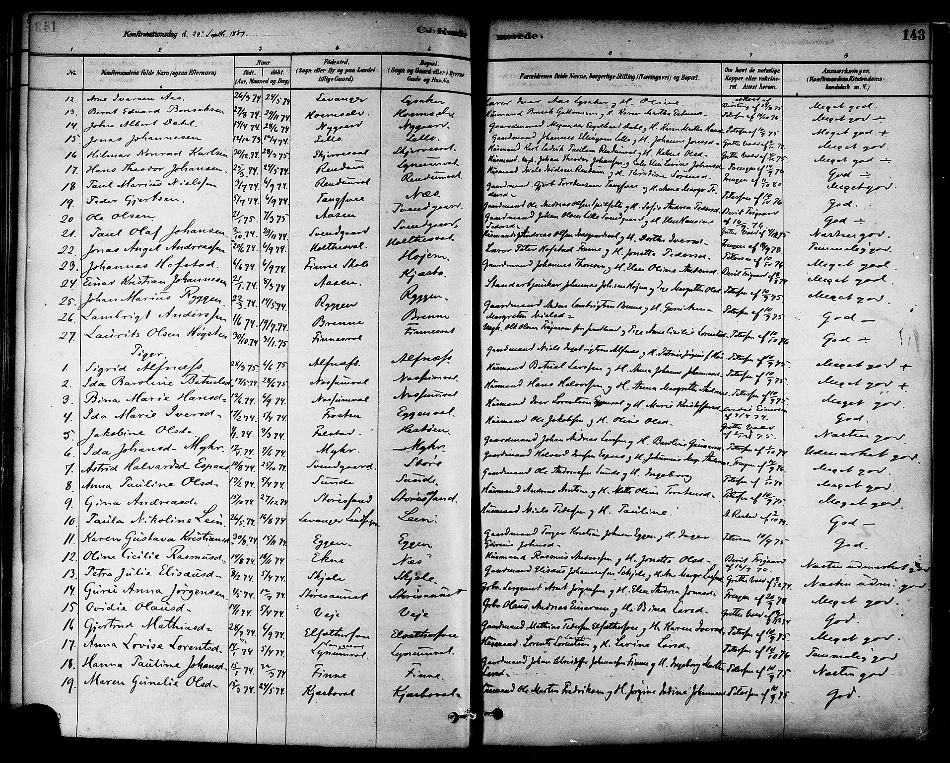 Ministerialprotokoller, klokkerbøker og fødselsregistre - Nord-Trøndelag, SAT/A-1458/717/L0159: Parish register (official) no. 717A09, 1878-1898, p. 143