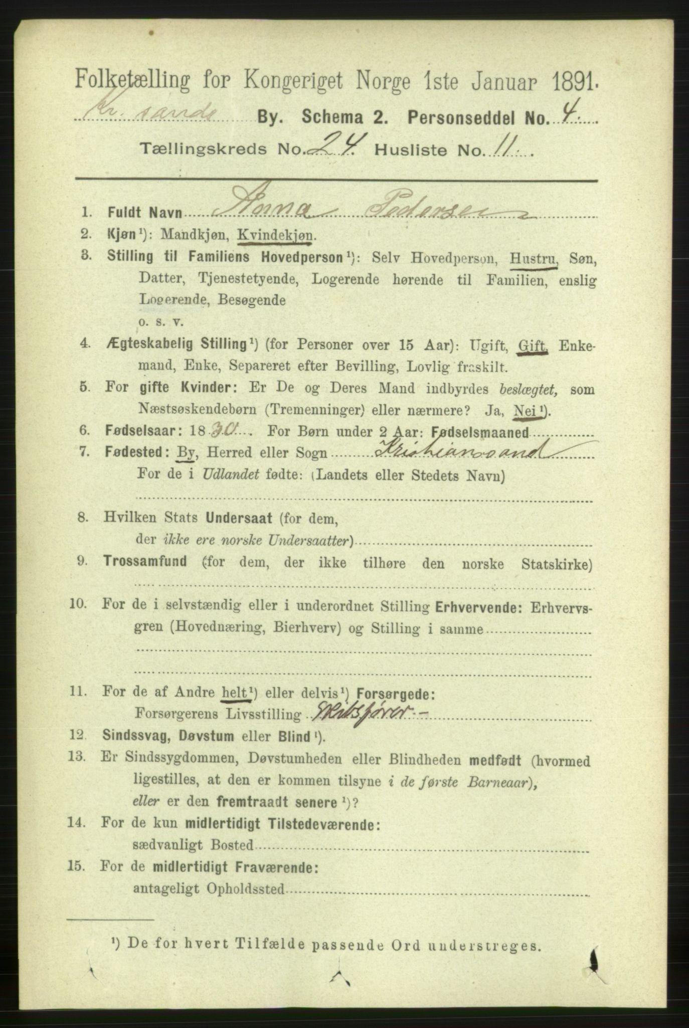 RA, 1891 census for 1001 Kristiansand, 1891, p. 8689