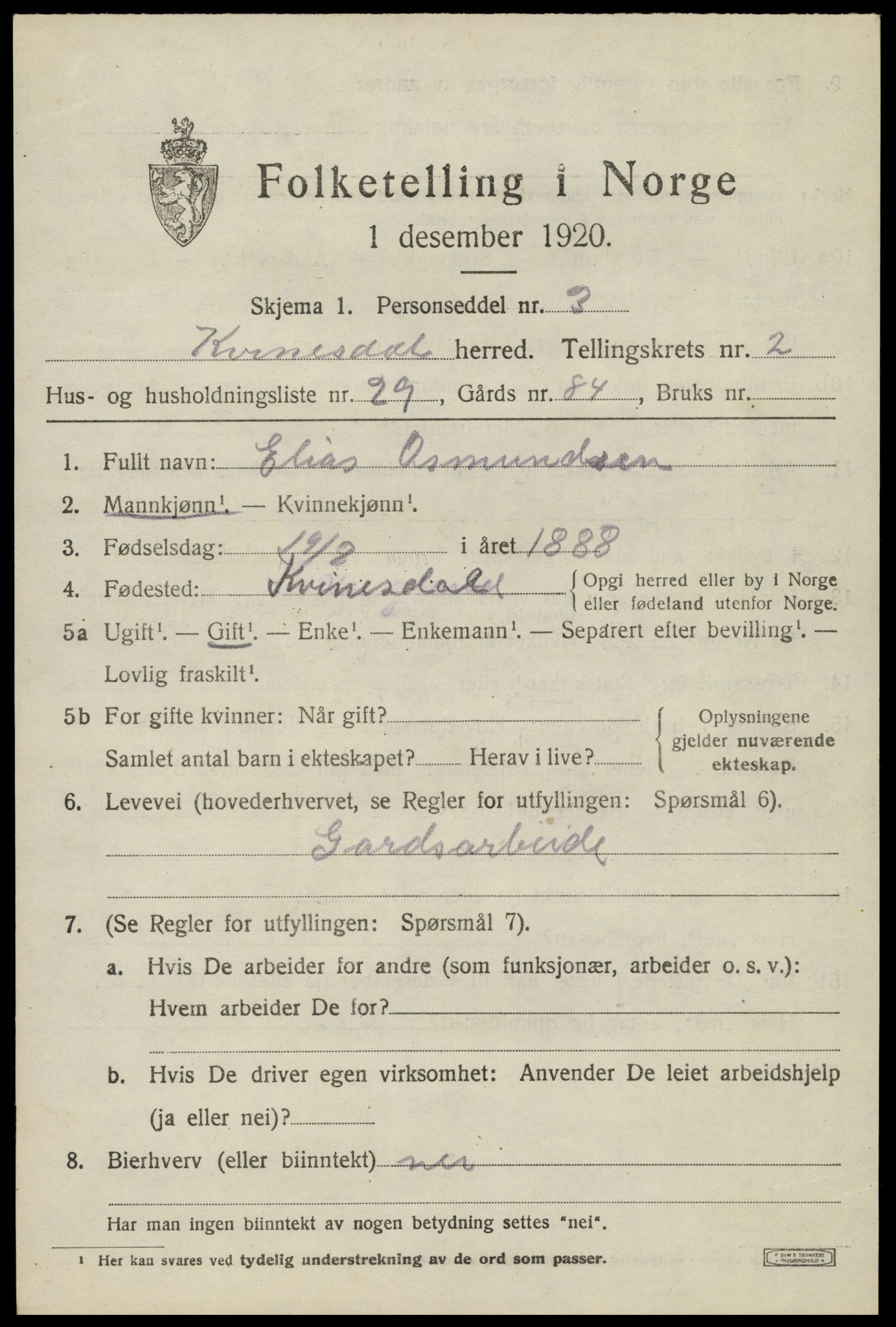 SAK, 1920 census for Kvinesdal, 1920, p. 2201
