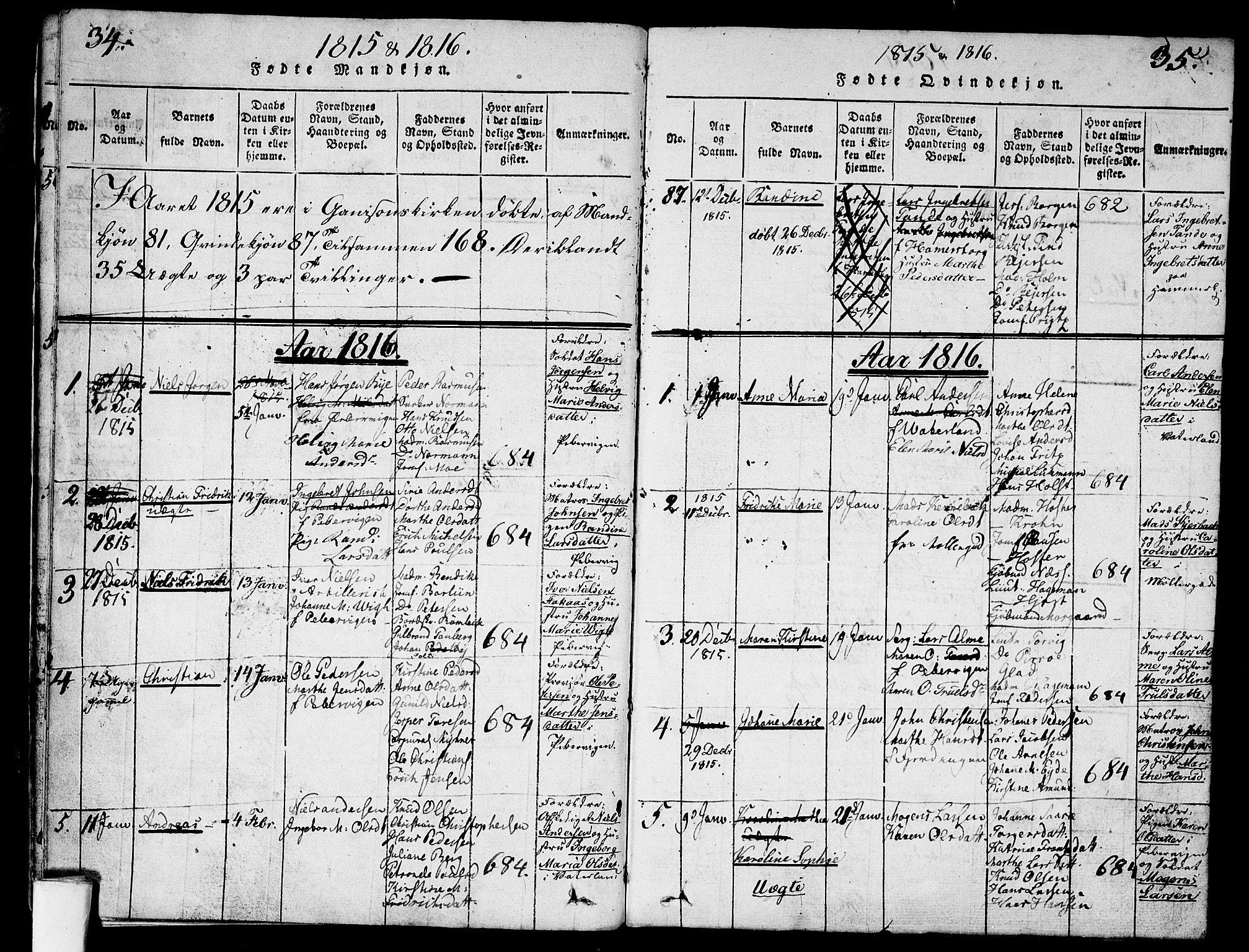 Garnisonsmenigheten Kirkebøker, SAO/A-10846/G/Ga/L0003: Parish register (copy) no. 3, 1815-1819, p. 34-35