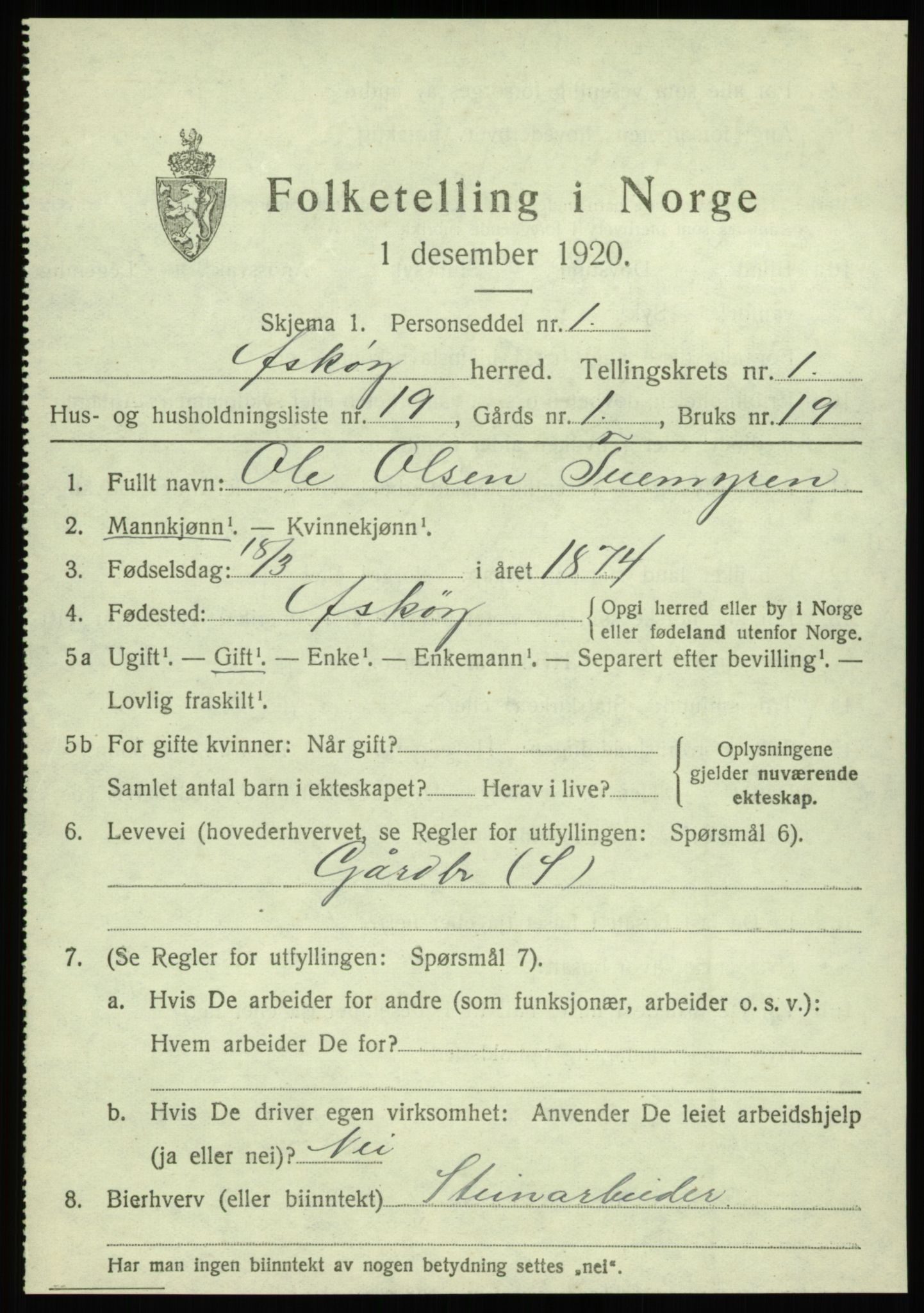 SAB, 1920 census for Askøy, 1920, p. 3720