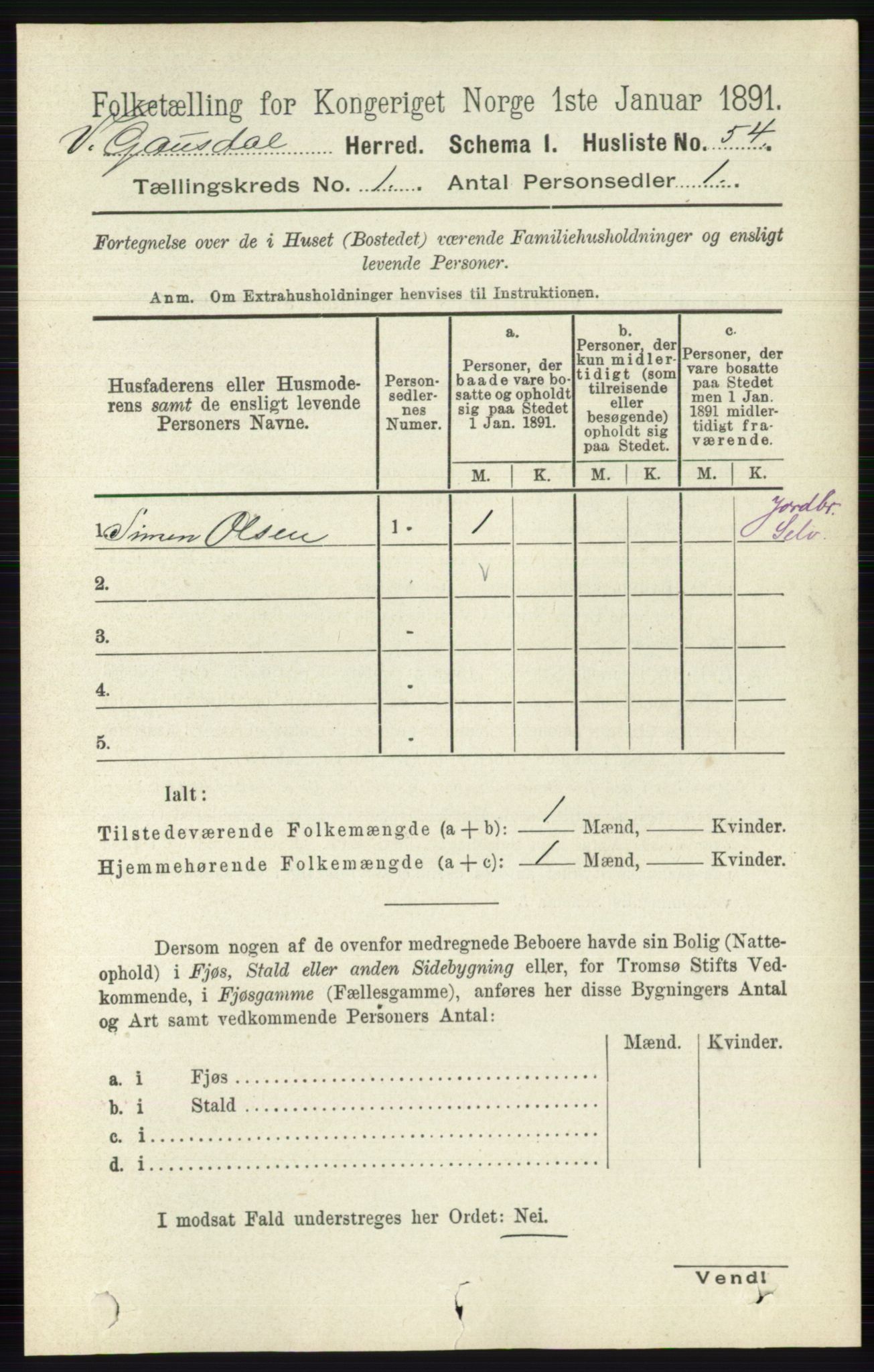 RA, 1891 census for 0523 Vestre Gausdal, 1891, p. 77