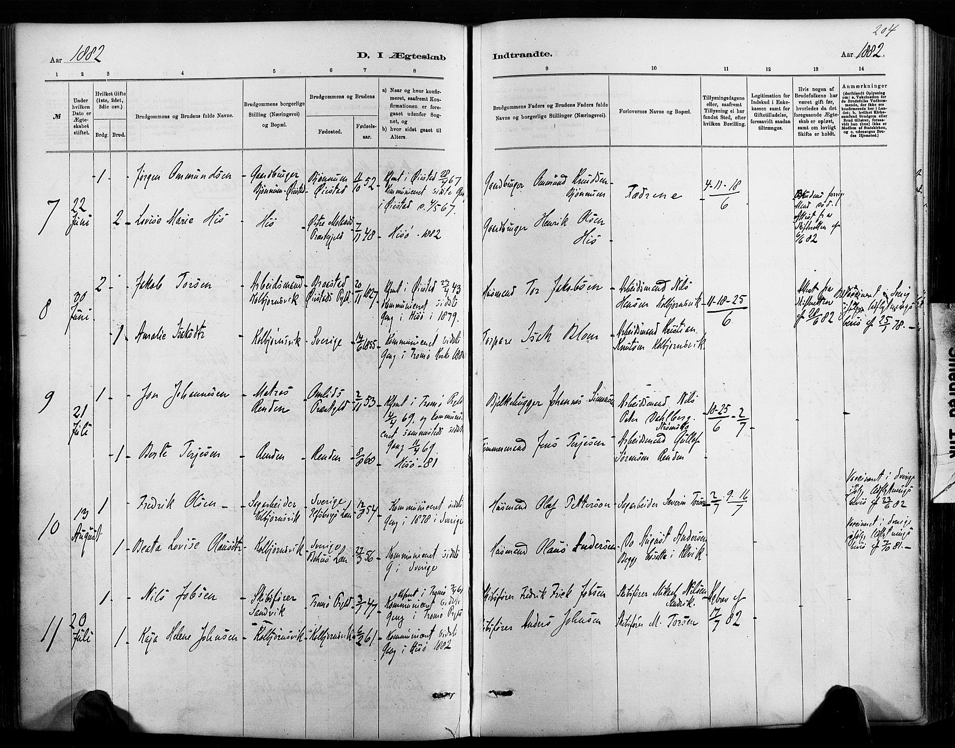 Hisøy sokneprestkontor, AV/SAK-1111-0020/F/Fa/L0003: Parish register (official) no. A 3, 1881-1894, p. 204