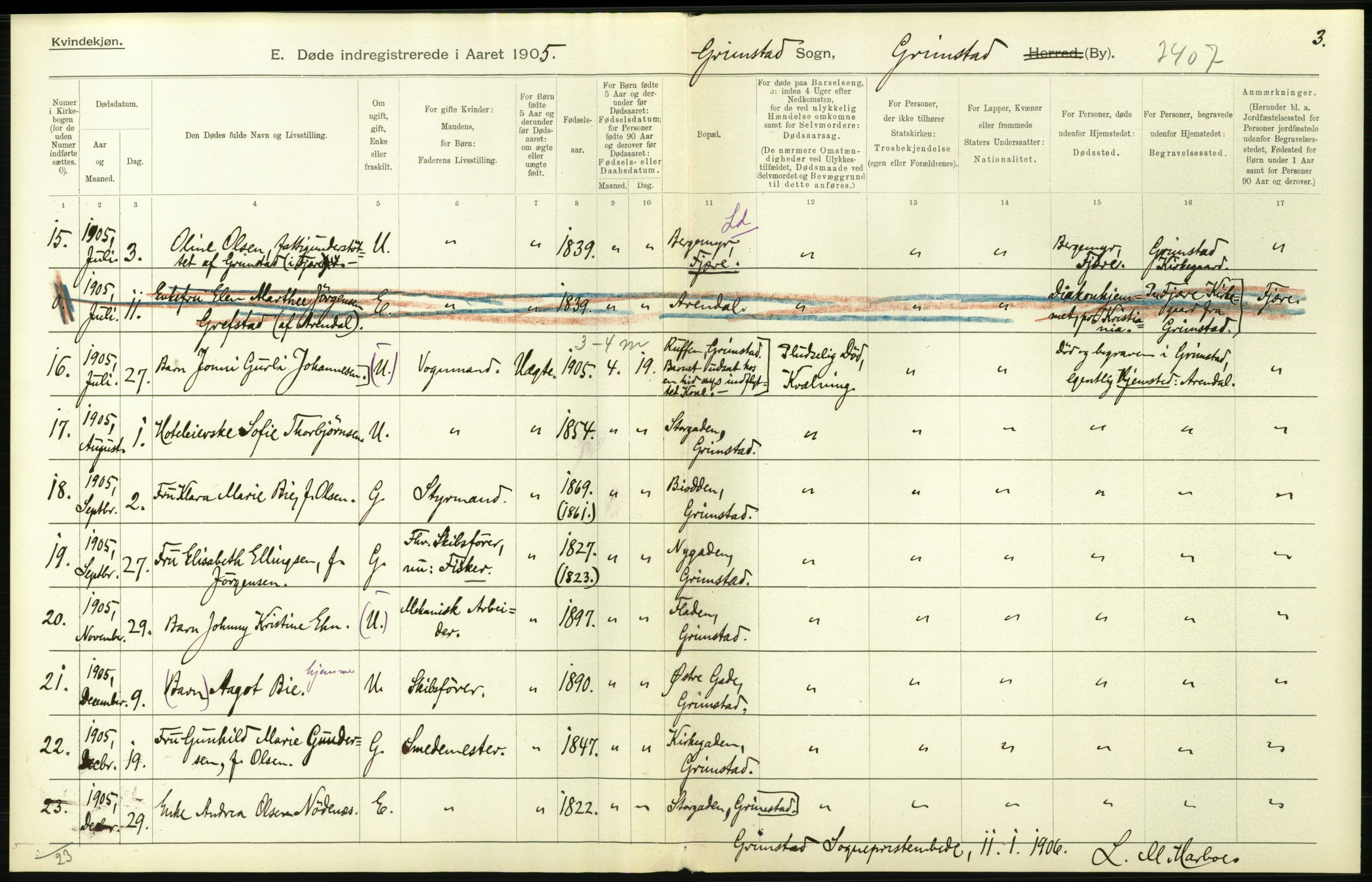 Statistisk sentralbyrå, Sosiodemografiske emner, Befolkning, AV/RA-S-2228/D/Df/Dfa/Dfac/L0043: Bratsberg - Lister og Mandals amt: Levendefødte menn og kvinner, gifte, døde, dødfødte. Byer., 1905, p. 438