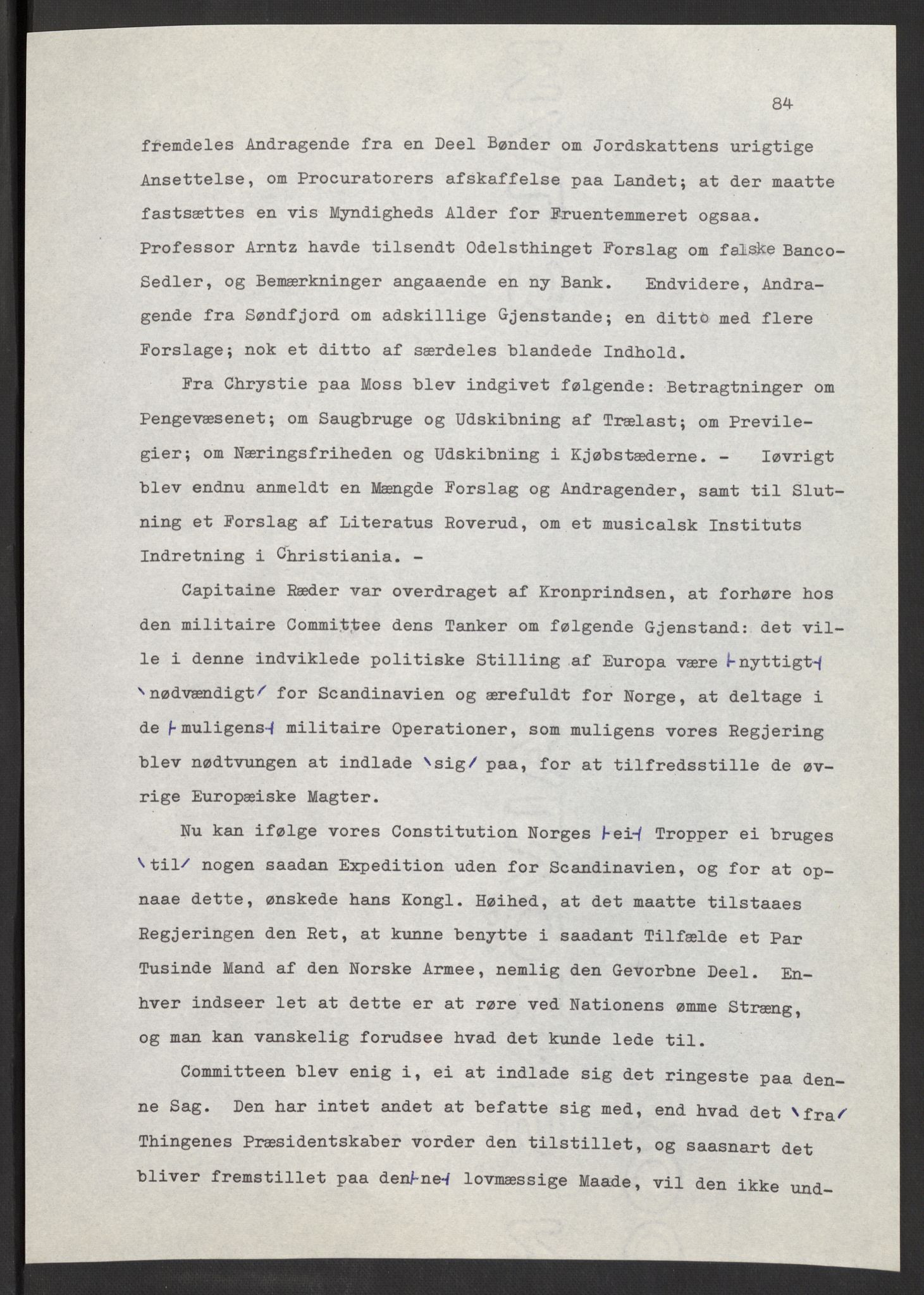 Manuskriptsamlingen, AV/RA-EA-3667/F/L0197: Wetlesen, Hans Jørgen (stortingsmann, ingeniørkaptein); Referat fra Stortinget 1815-1816, 1815-1816, p. 84