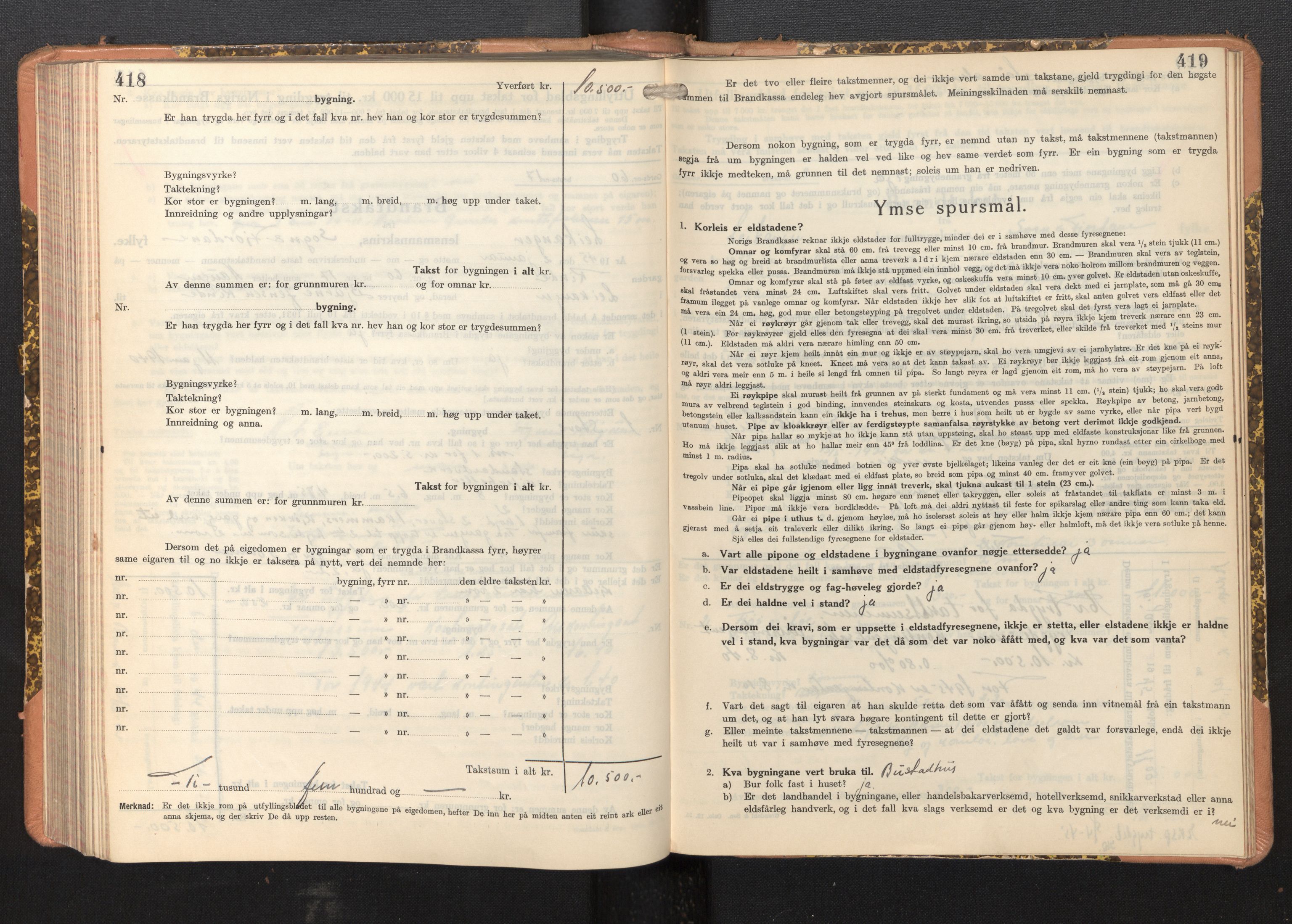 Lensmannen i Leikanger, AV/SAB-A-29201/0012/L0008: Branntakstprotokoll, skjematakst, 1937-1946, p. 418-419