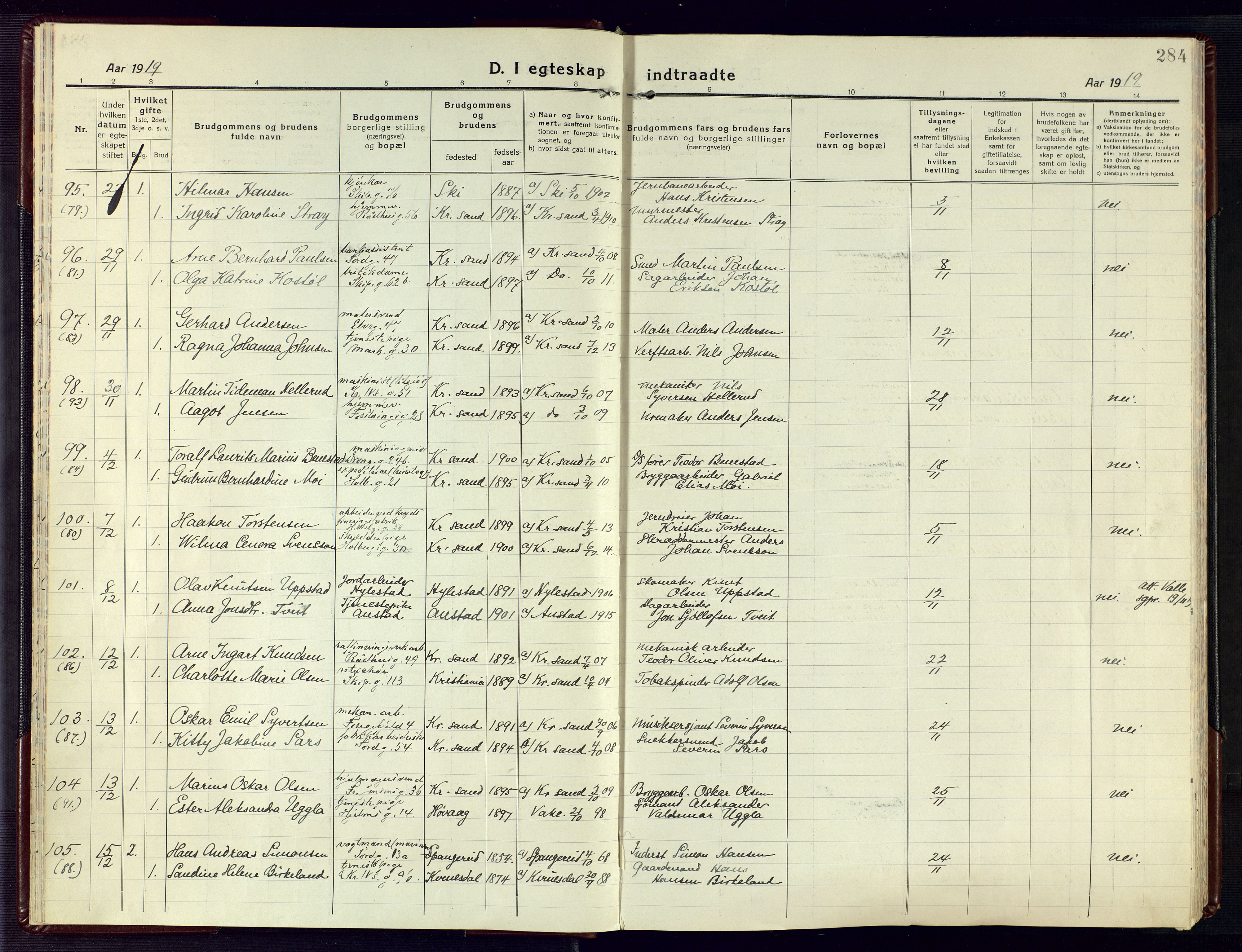 Kristiansand domprosti, AV/SAK-1112-0006/F/Fa/L0028: Parish register (official) no. A 27, 1917-1926, p. 284