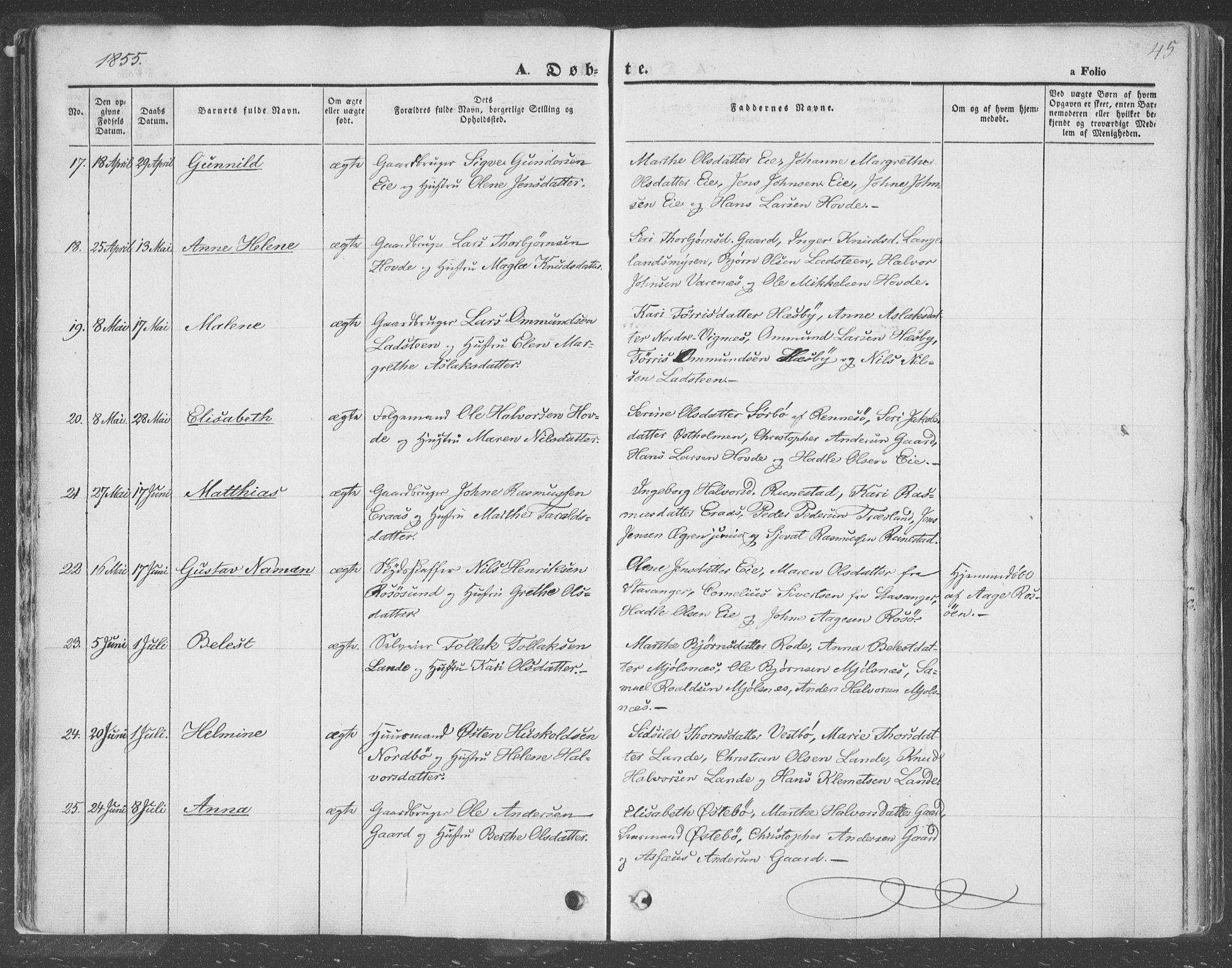 Finnøy sokneprestkontor, SAST/A-101825/H/Ha/Haa/L0007: Parish register (official) no. A 7, 1847-1862, p. 45