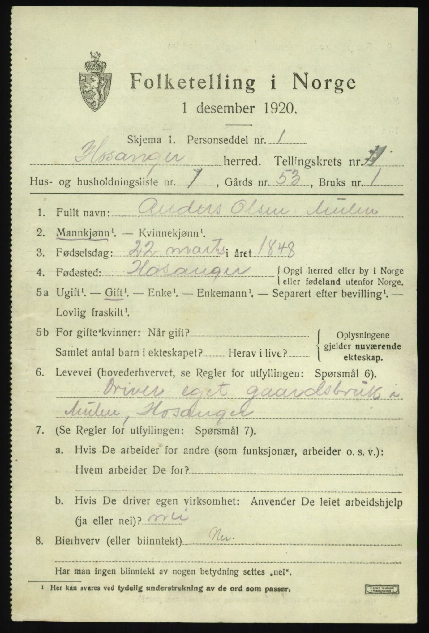 SAB, 1920 census for Hosanger, 1920, p. 4699