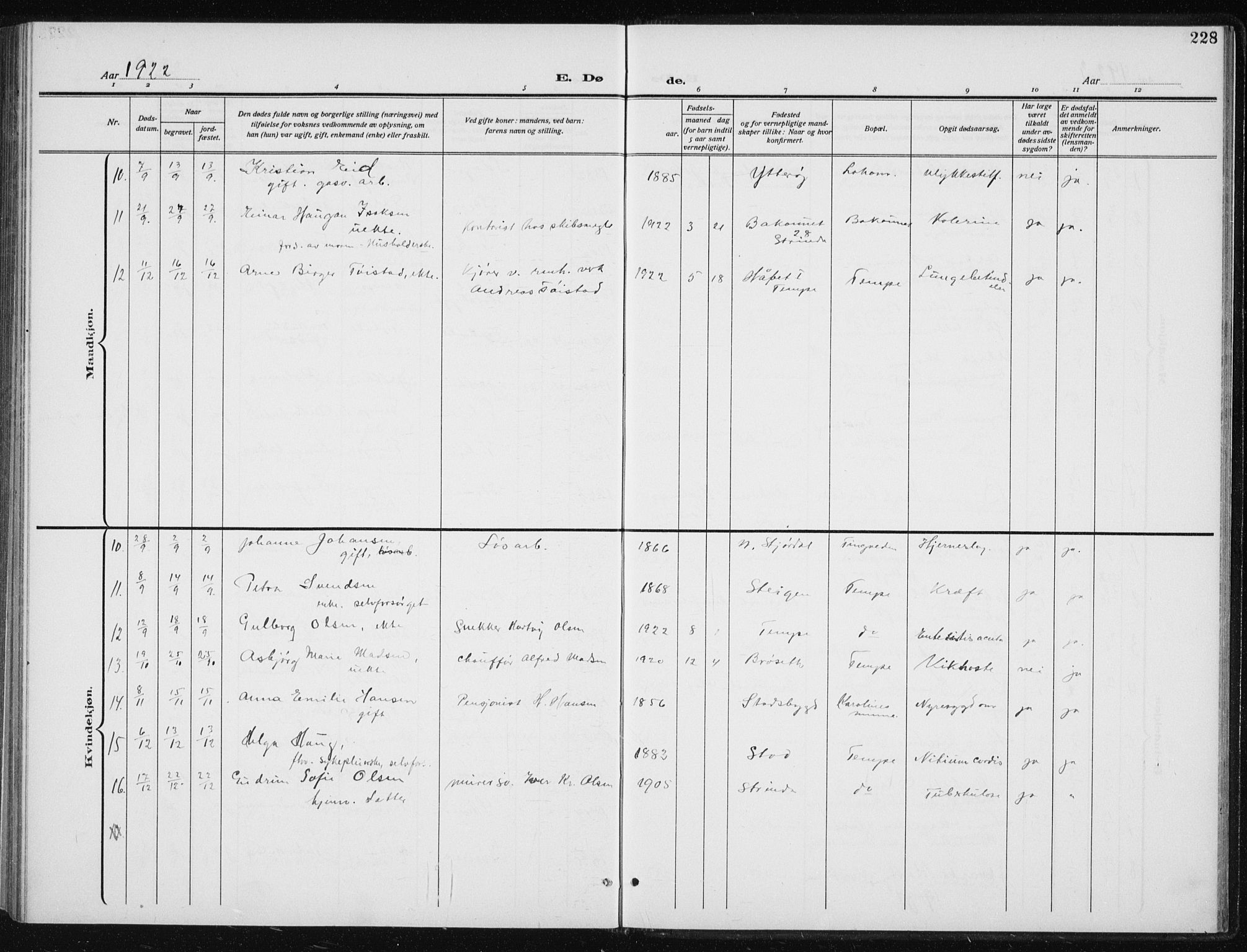 Ministerialprotokoller, klokkerbøker og fødselsregistre - Sør-Trøndelag, SAT/A-1456/606/L0314: Parish register (copy) no. 606C10, 1911-1937, p. 228