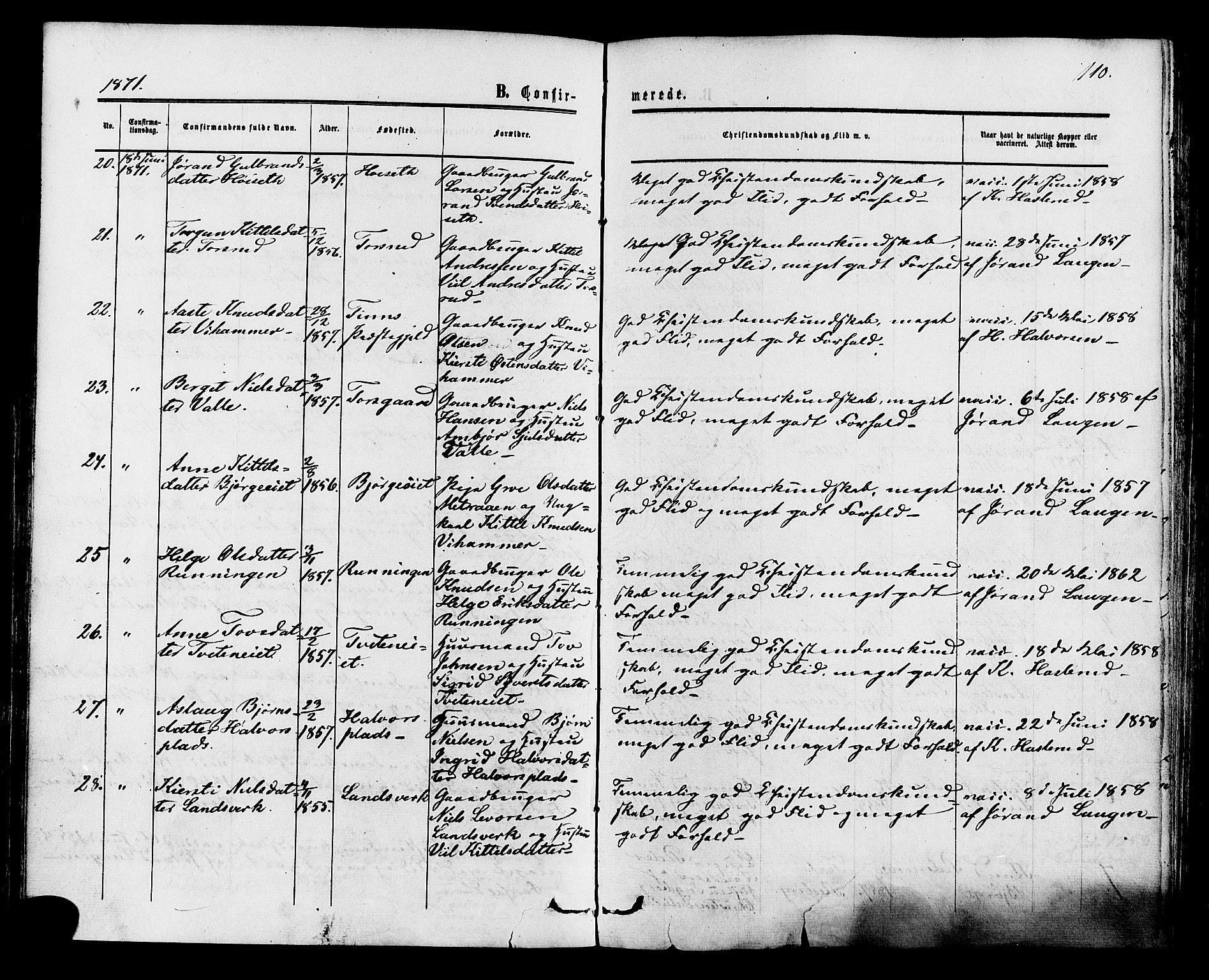 Rollag kirkebøker, AV/SAKO-A-240/F/Fa/L0009: Parish register (official) no. I 9, 1860-1874, p. 110