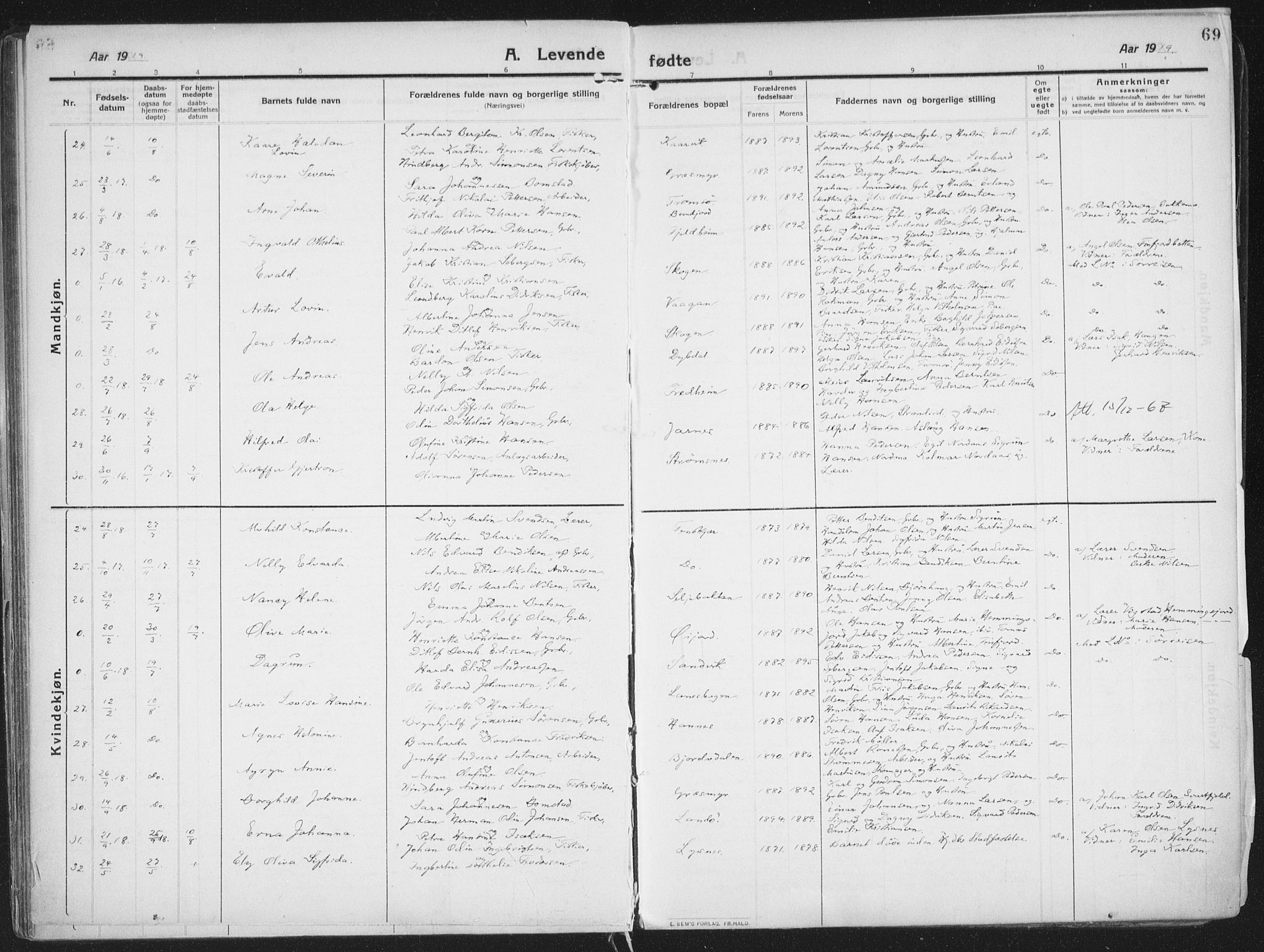 Lenvik sokneprestembete, SATØ/S-1310/H/Ha/Haa/L0016kirke: Parish register (official) no. 16, 1910-1924, p. 69