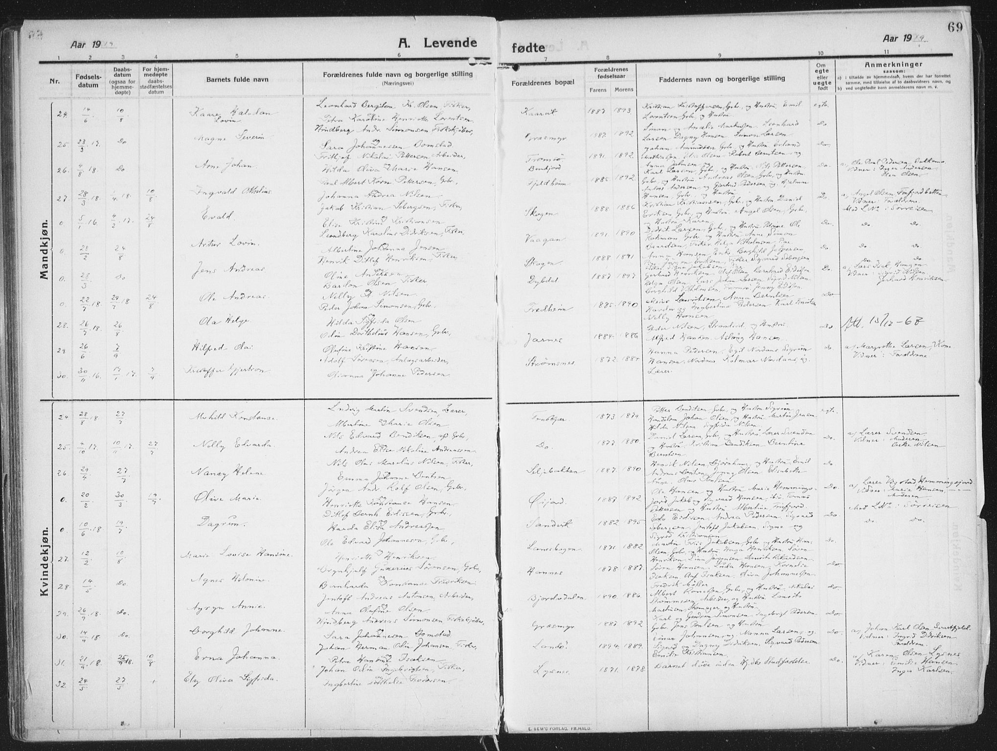 Lenvik sokneprestembete, AV/SATØ-S-1310/H/Ha/Haa/L0016kirke: Parish register (official) no. 16, 1910-1924, p. 69