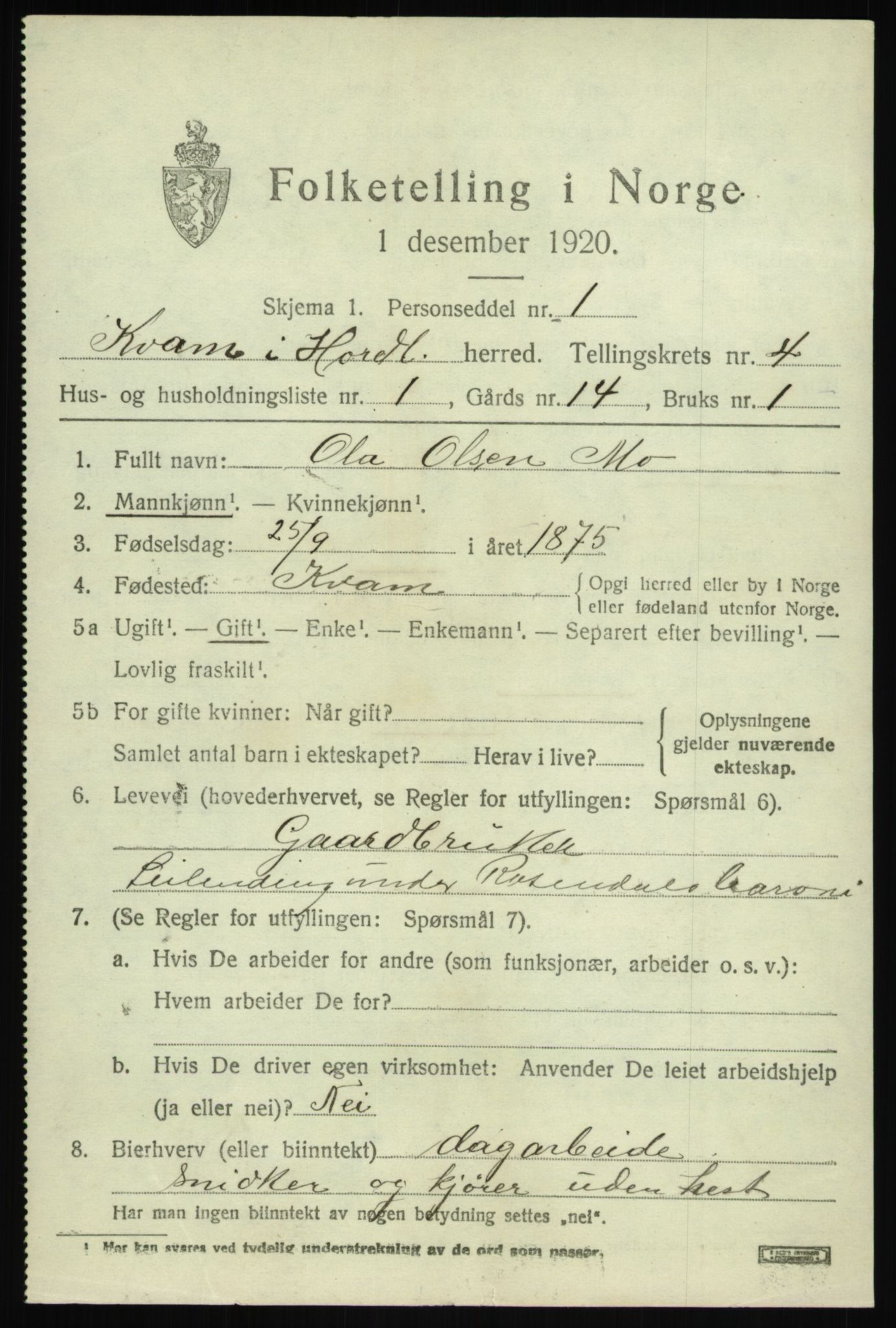 SAB, 1920 census for Kvam, 1920, p. 3237