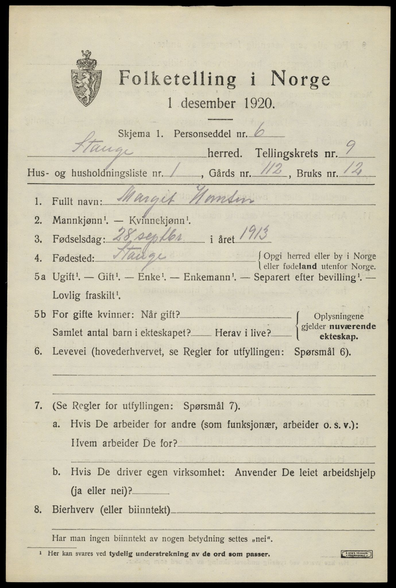 SAH, 1920 census for Stange, 1920, p. 14591