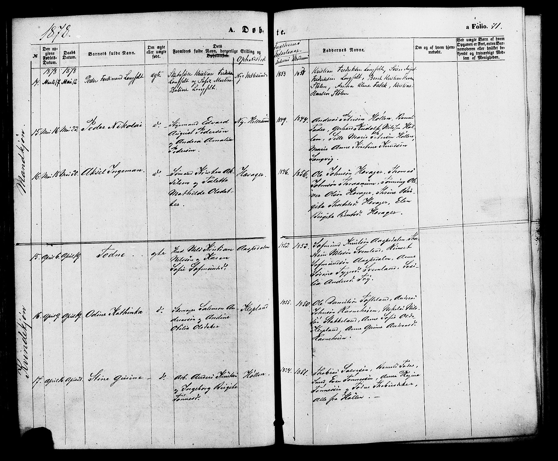 Søgne sokneprestkontor, AV/SAK-1111-0037/F/Fa/Fab/L0011: Parish register (official) no. A 11, 1869-1879, p. 71