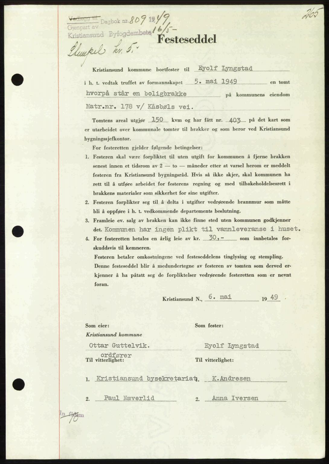Kristiansund byfogd, AV/SAT-A-4587/A/27: Mortgage book no. 45, 1948-1949, Diary no: : 809/1949