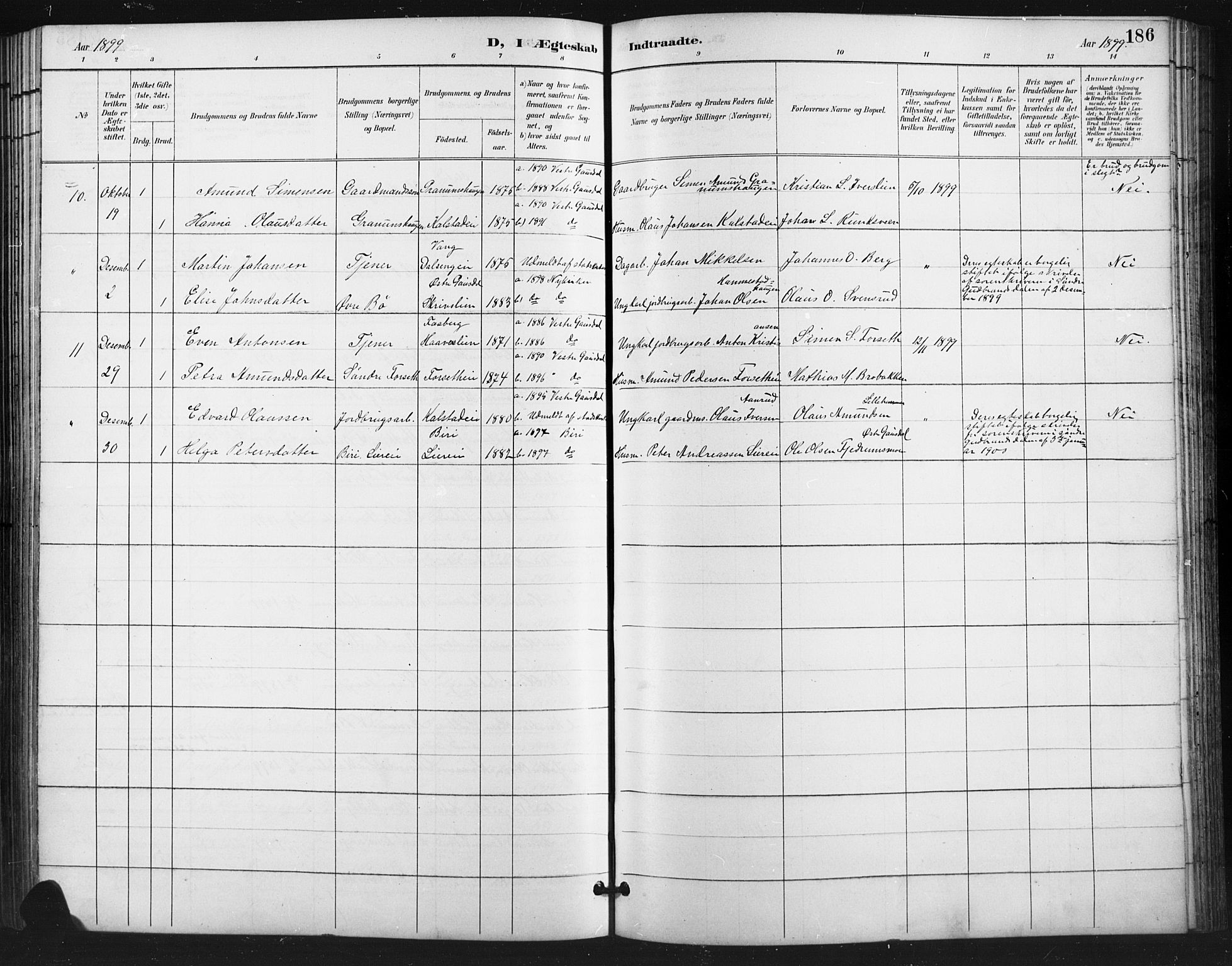 Vestre Gausdal prestekontor, SAH/PREST-094/H/Ha/Hab/L0003: Parish register (copy) no. 3, 1896-1925, p. 186